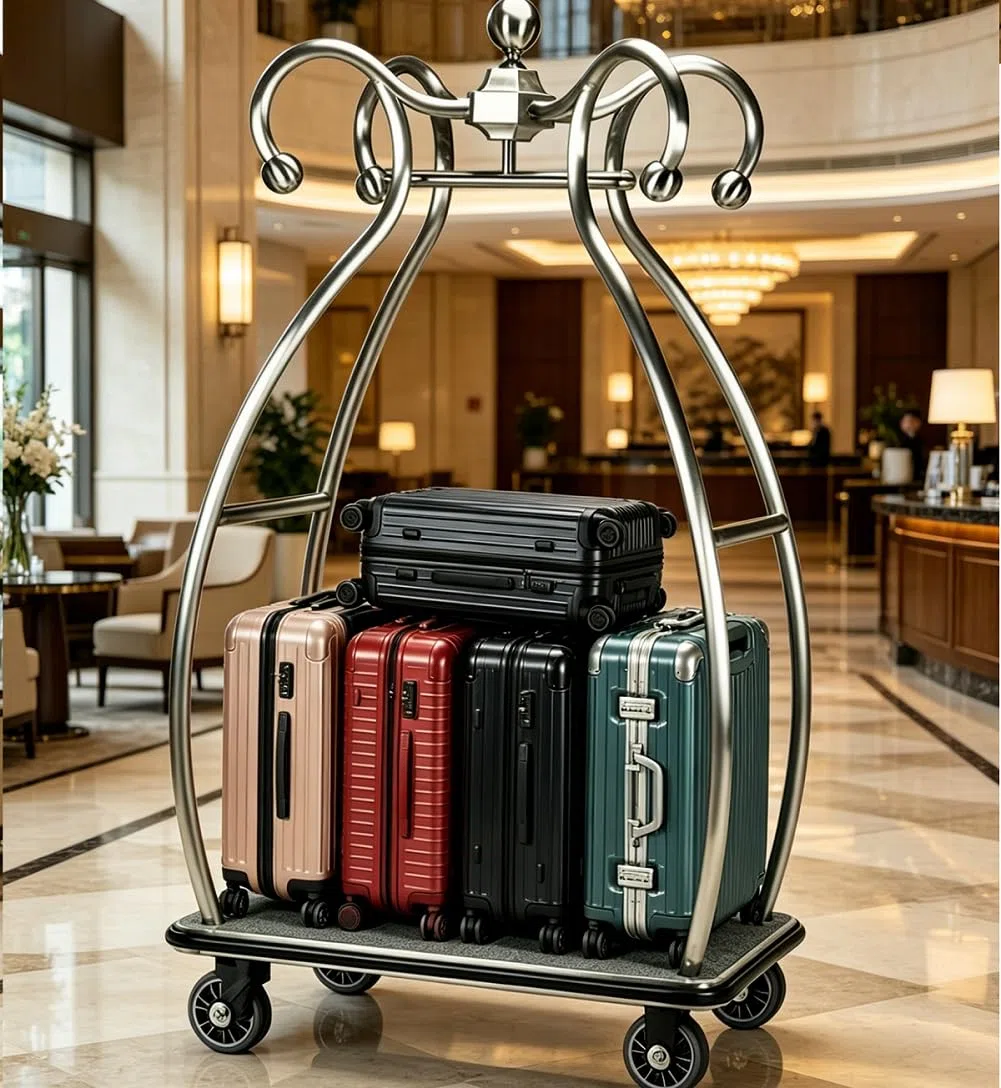 Carro de Equipaje de Hotel, Acabado en Acero Inoxidable Cepillado, Carro de Botones/Servicio de Valet Disponible,Plata
