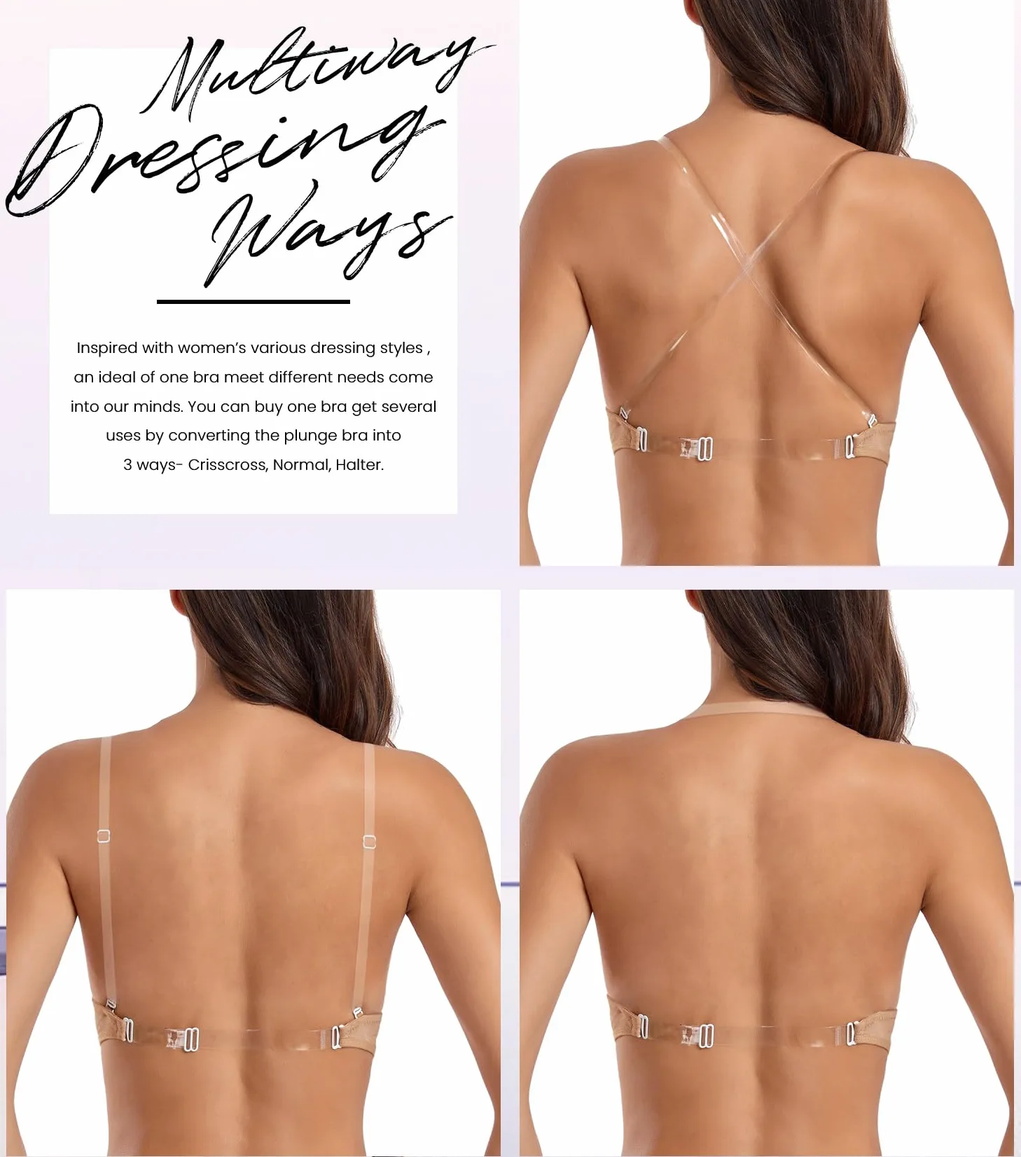 Wekofi Brasier de alambre mágico con escote en V profundo para mujer, sexy, espalda baja, tirantes transparentes, espalda descubierta
