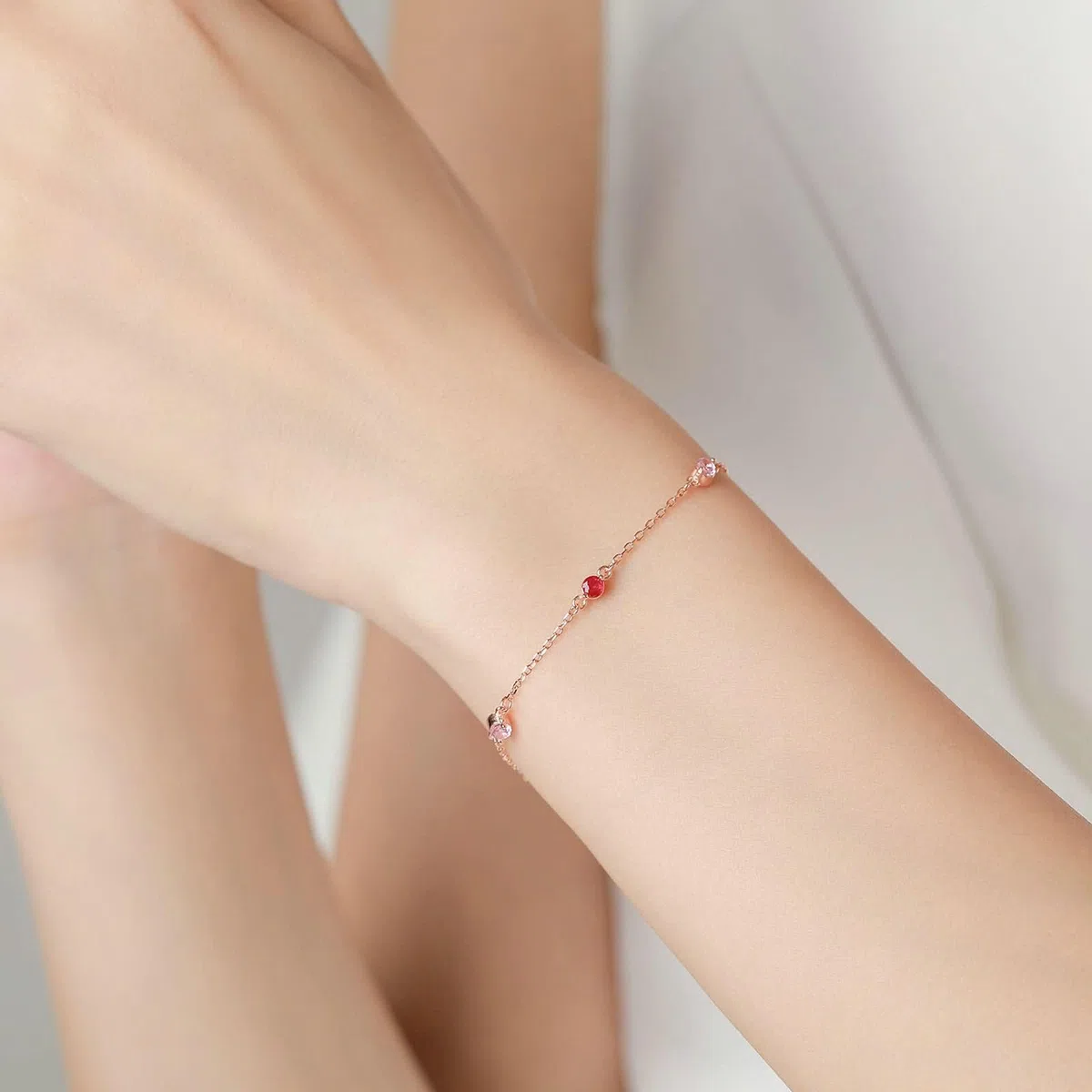 Pulseras Mujer de Oro Rosa de 9 Kilates / 14 Kilates / 18 Kilates, Redondo con Zafiro Rosa Creado y Rubí Creado, Cadena Extensible 16 CM + 5 CM, Pulseras Mujer de Oro Rosa