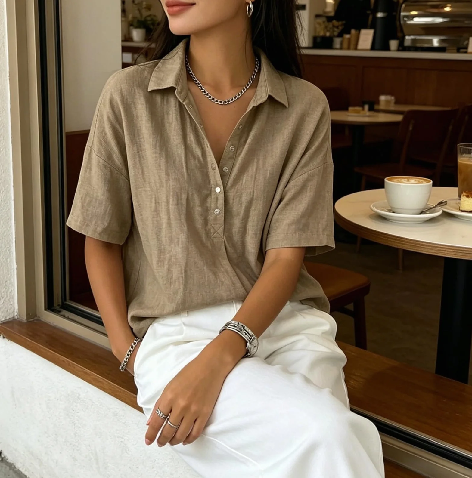 Polos de Lino para Mujer, Blusas de Manga Corta con Botones, Moda Verano 2026