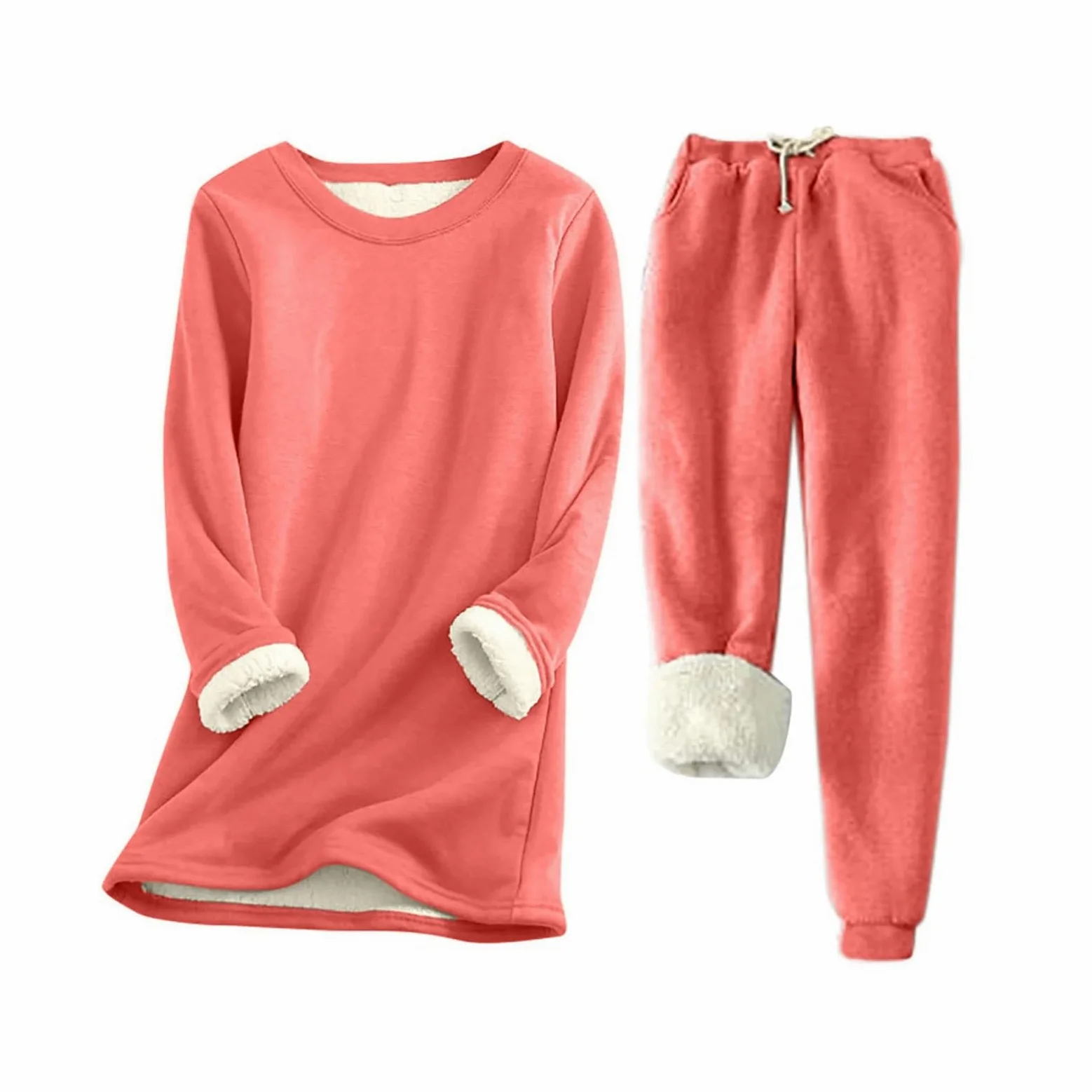 Conjunto de Pijama de Sudadera y Pantalones con Forro para Mujer para Calidez Invernal con Traje de Felpa Tops cómodos y Holgados Ropa de Estar por casa cálida de Invierno para Mujer
