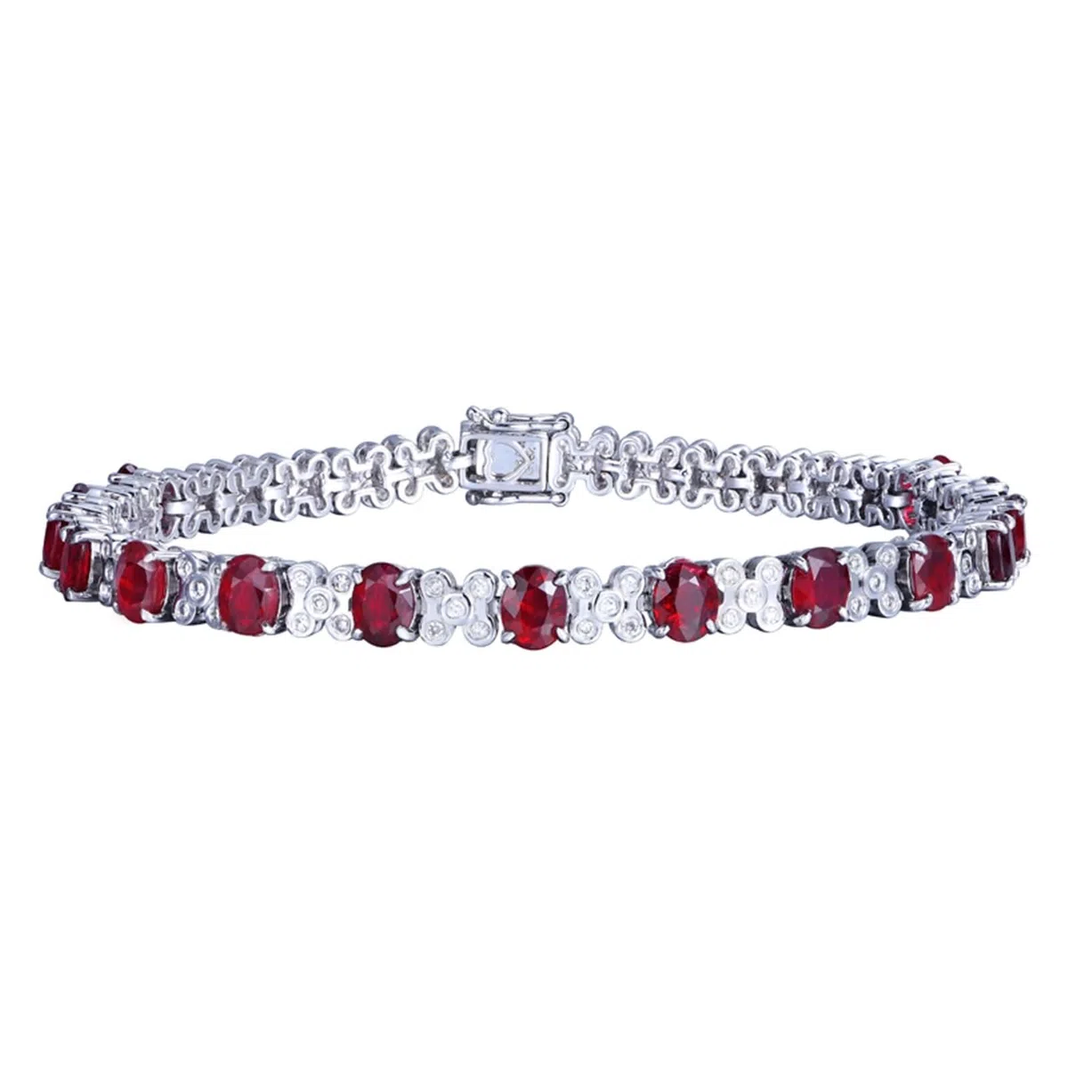 Pulsera de Oro Blanco Mujer 9 K / 14 K / 18 K, Flor y Oval con Rubí Creado de 6 ct y Diamante, Cadena 16 CM, Pulsera Mujer de Plata Rojo