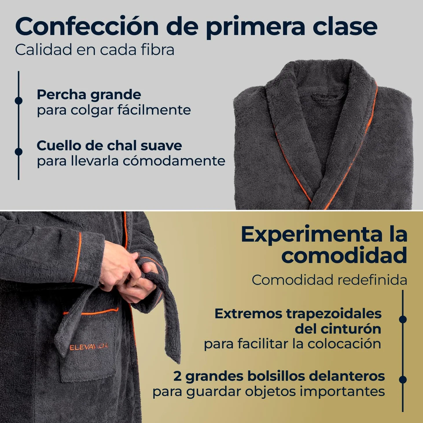 Albornoz de Baño para hombre de Algodón 430 gsm - S/M/L/XL/XXL - Alta Absorción y Certificado OEKO TEX