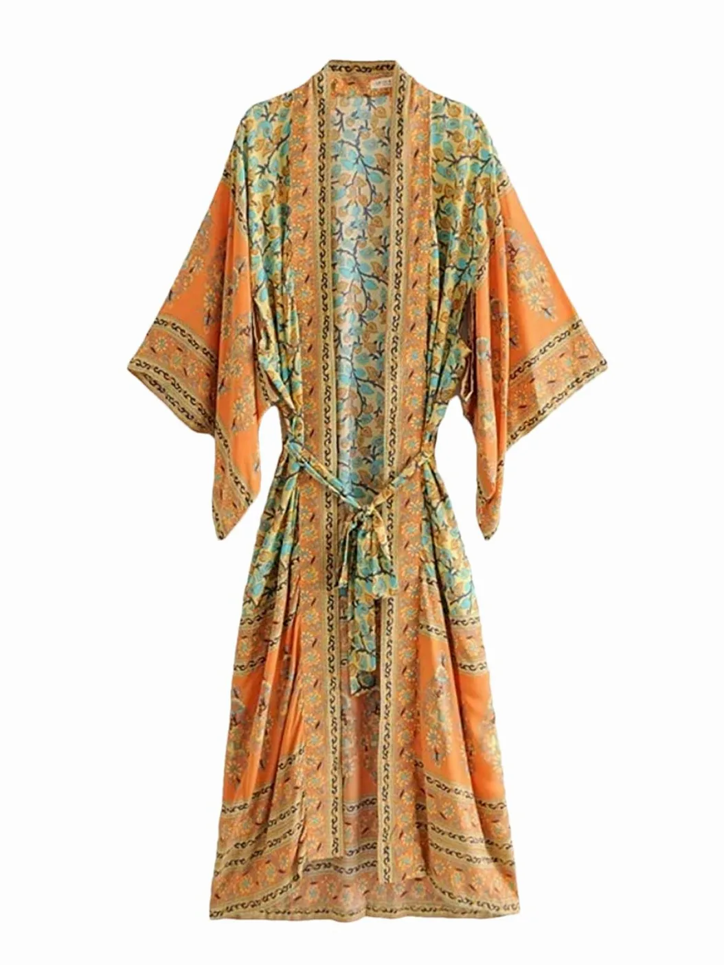 Disimlarl Kimono bohemio con estampado floral para mujer, cuello en V, mangas murciélago, maxi, bata para cubrir el bikini