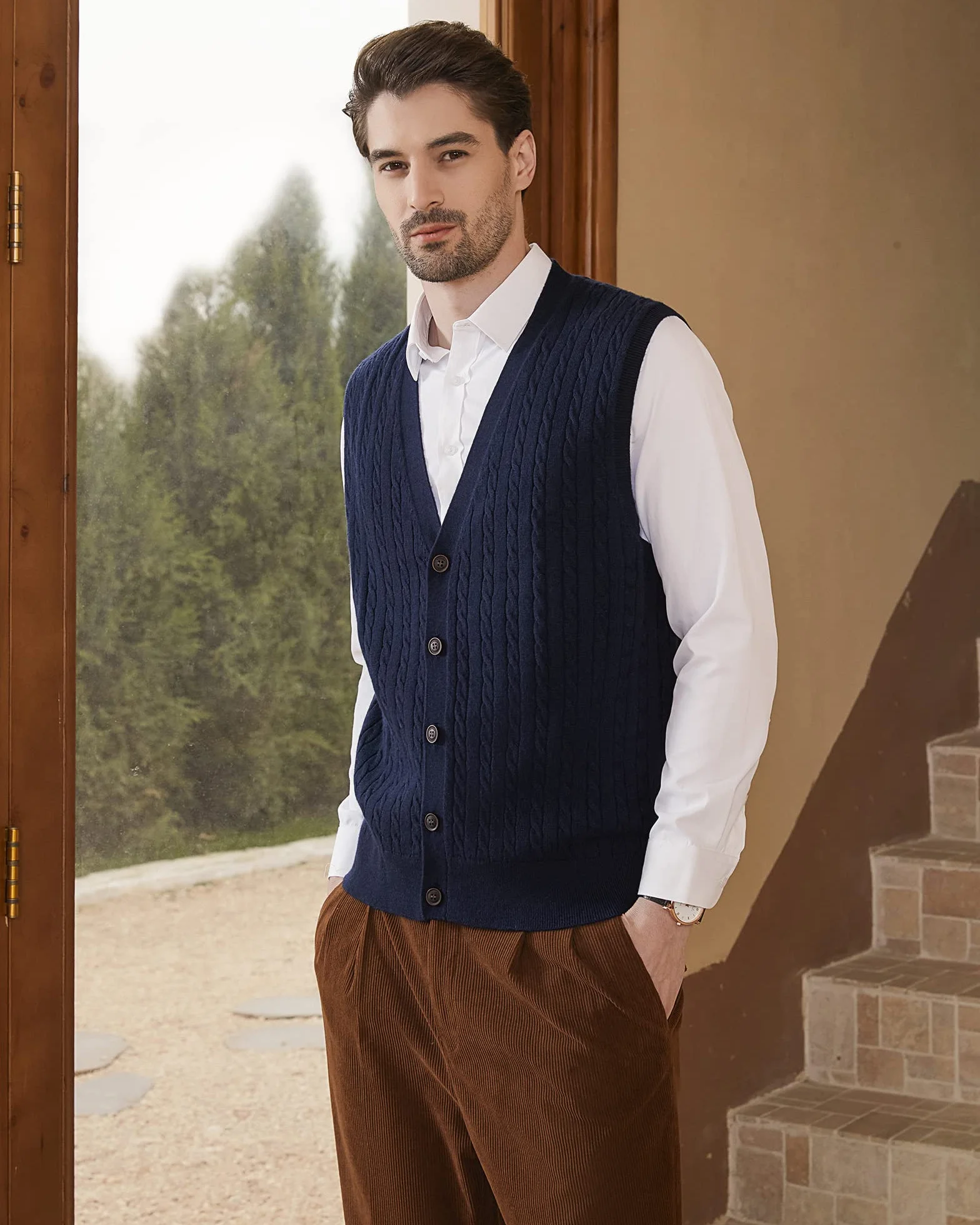 Kallspin Hombres de Lana Blend Chalecos Suéter V Cuello de Punto de Cable sin Mangas de Tejido Tricotado Botón Cardigan