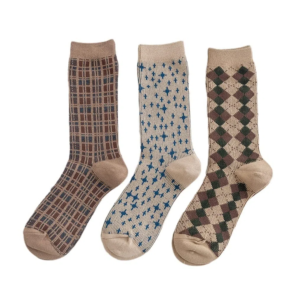 5 Pares otoño Invierno Grueso cálido Mujeres Hombres coaclesocks a Cuadros Raya Color Caqui Calcetines (Color: un tamaño: tamaño Libre) (Color : A, Size : One Size)