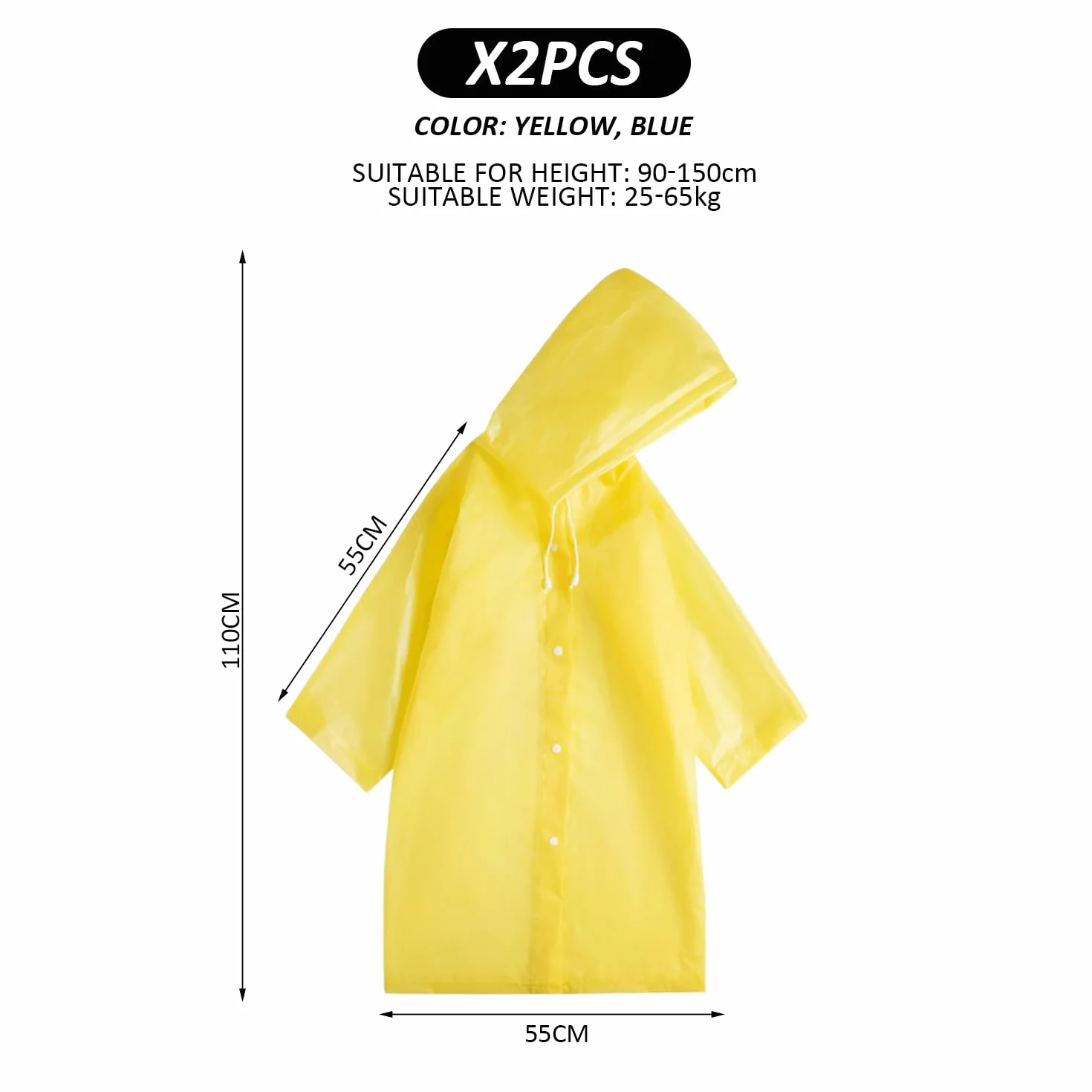 2 chubasquero impermeable, reutilizable para niños y niñas, poncho EVA transpirable (azul, amarillo), azul/amarillo, 60-68