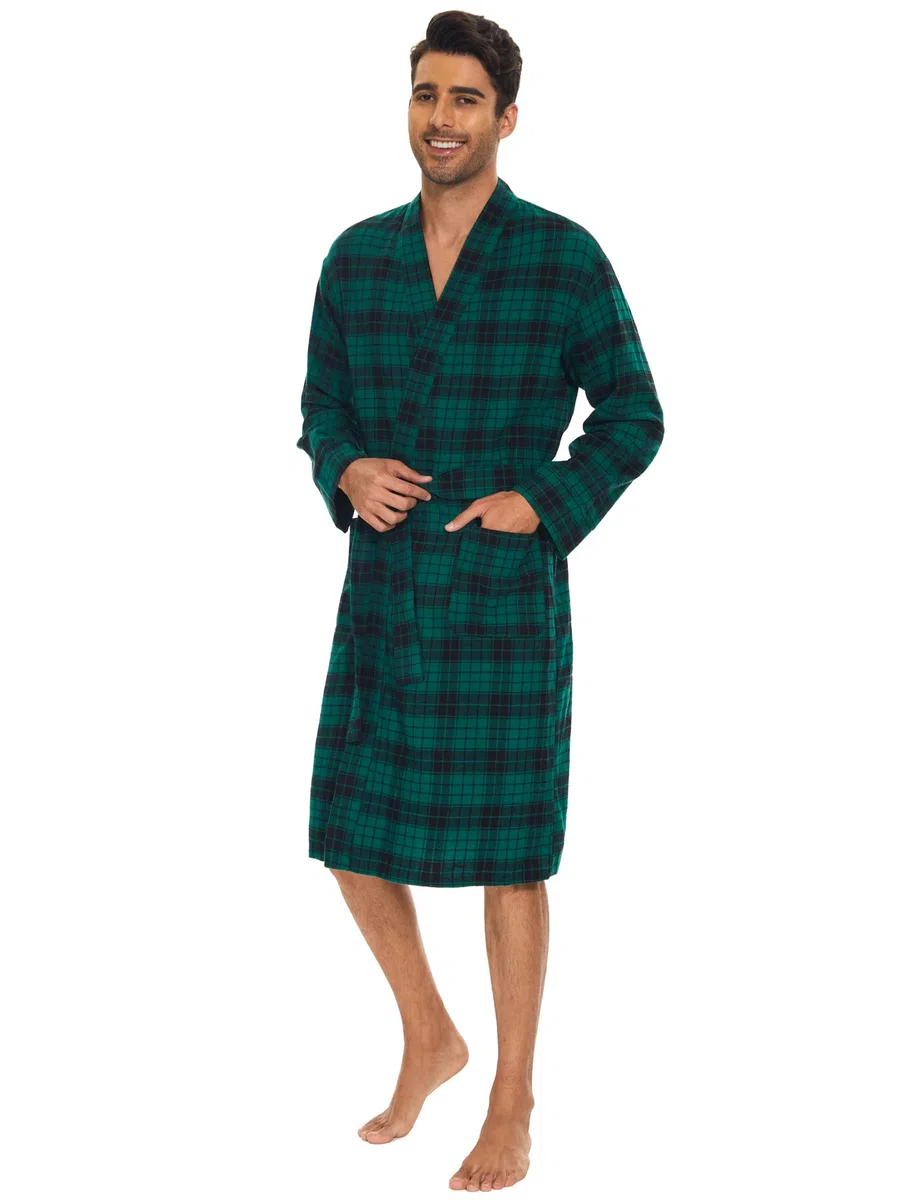 Zerbala Bata de baño de franela para hombre, hasta la rodilla, a cuadros