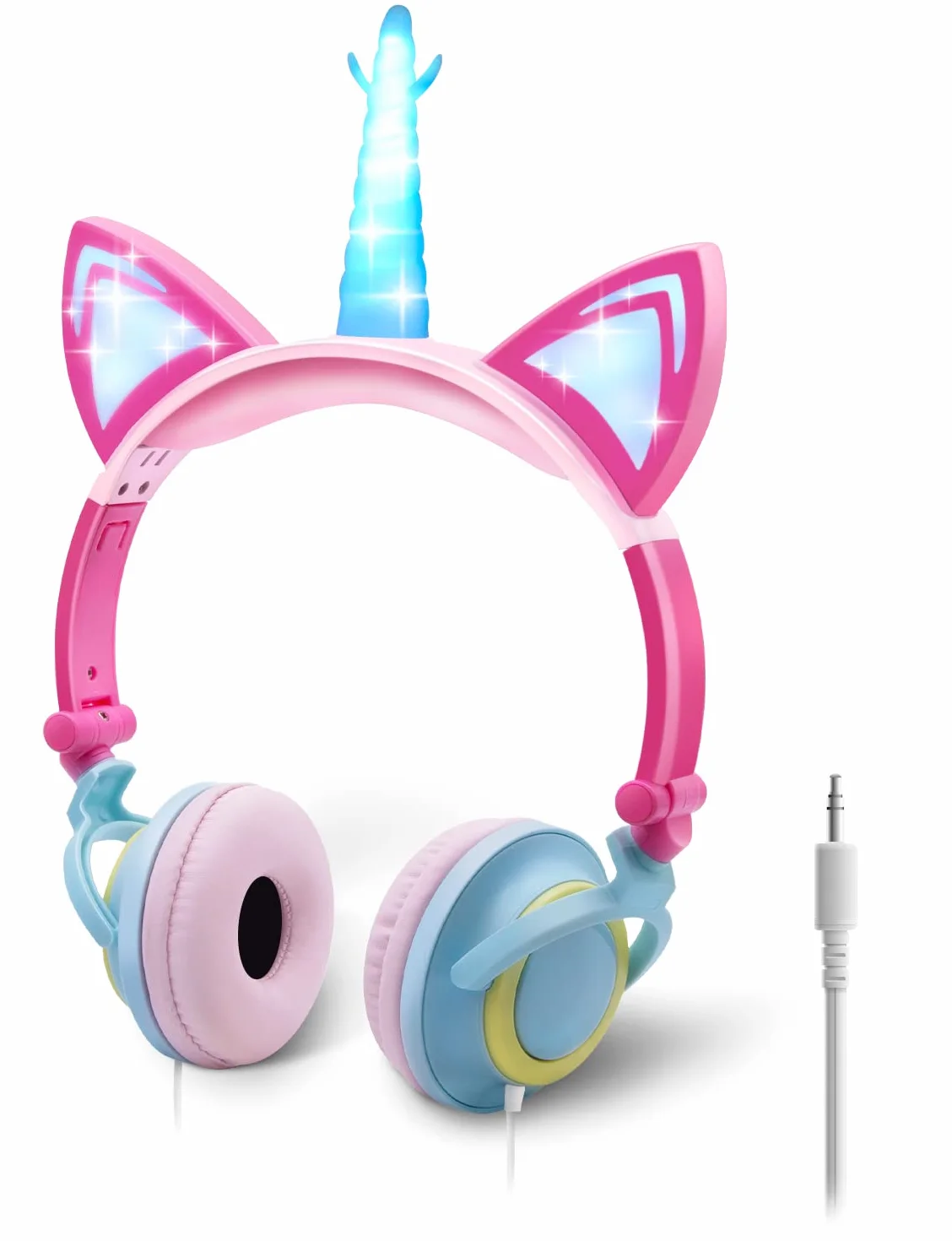 ONTA Auriculares para Niños con Orejas de Gato Iluminados con LED Plegables sobre Oído, Auriculares Resplandor Unicornio para Niños para la Escuela, la Casa, Cable Sin Enredos (Polvo Azul)