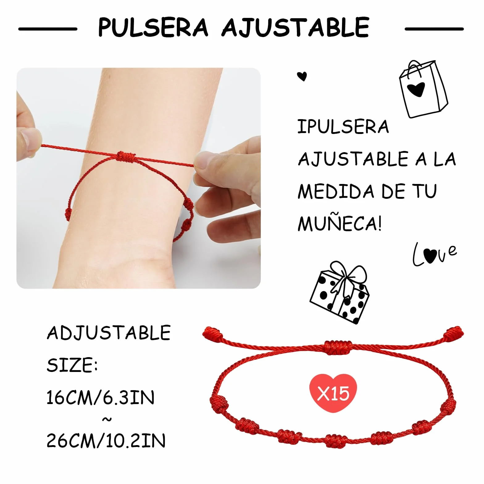 Pulsera Roja de 7 Nudos Suerte Protección Amuleto Hilo Ajustable Hecho a Mano