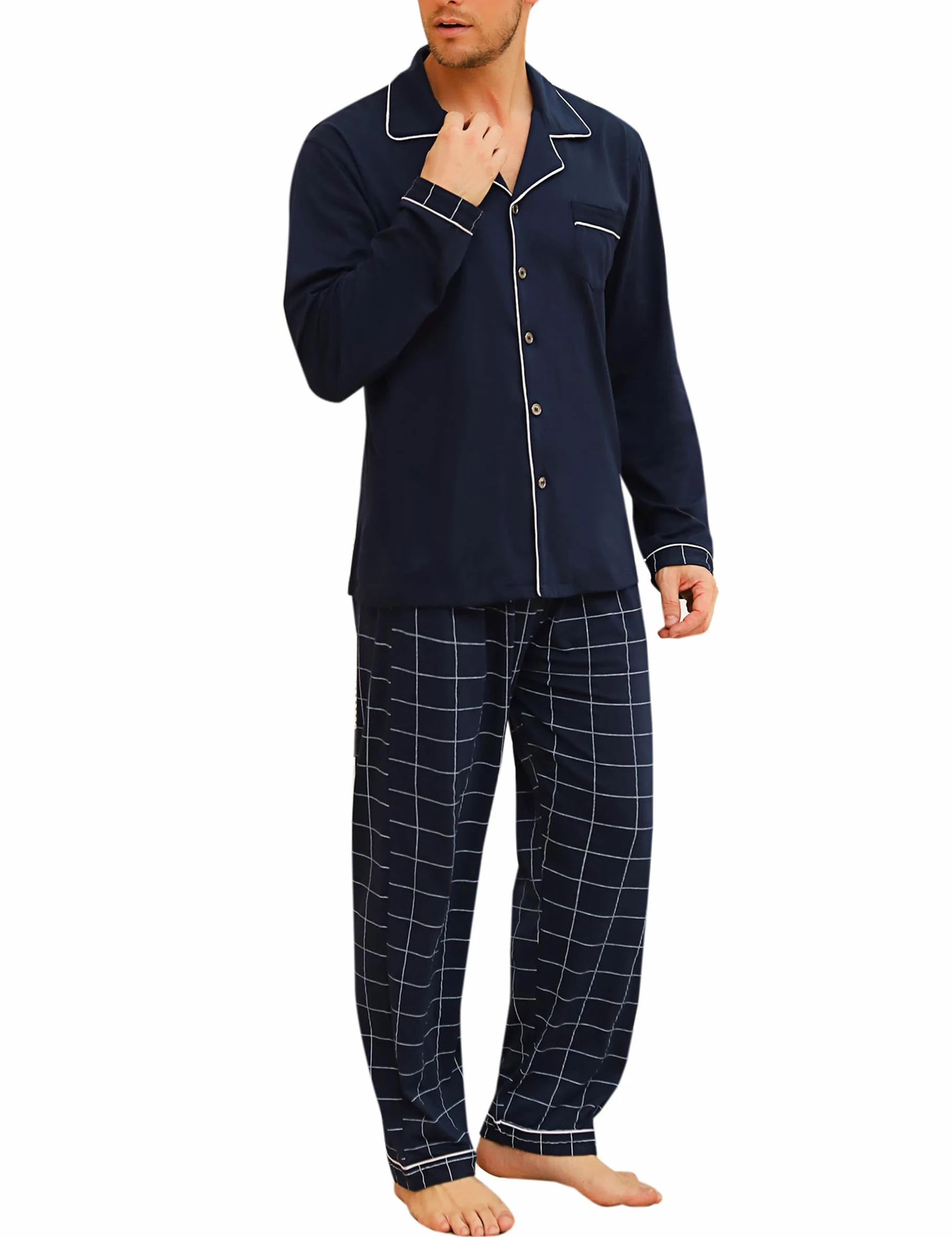Bresdk Pijama Hombre Invierno Algodon con Botones Largos Manga Larga | Dos Piezas