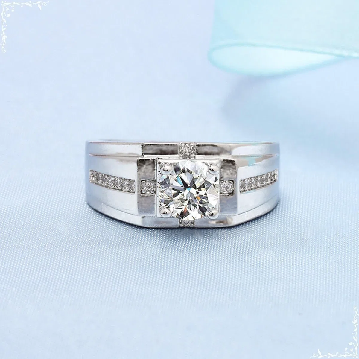 Anillo de oro blanco de 9 quilates para hombre, anillo de moissanita para hombre