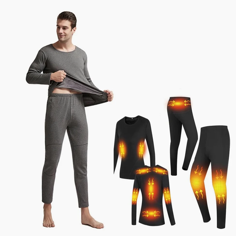 Conjunto de Ropa Interior Térmica Eléctrica para Hombre, Pantalones y Camiseta con Calefacción por USB, Capa Base Exterior con 11 Zonas de Calentamiento,Gris,XXL