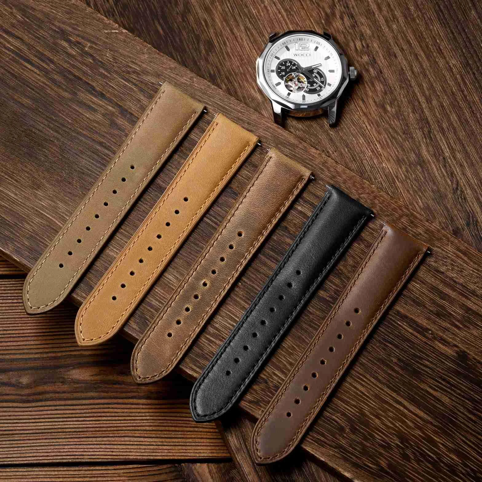 WOCCI Correa de Reloj, Cuero Genuino, Cuero con Forro Oscuro, Liberación Rápida, Ancho de Correa 18mm 20mm 22mm