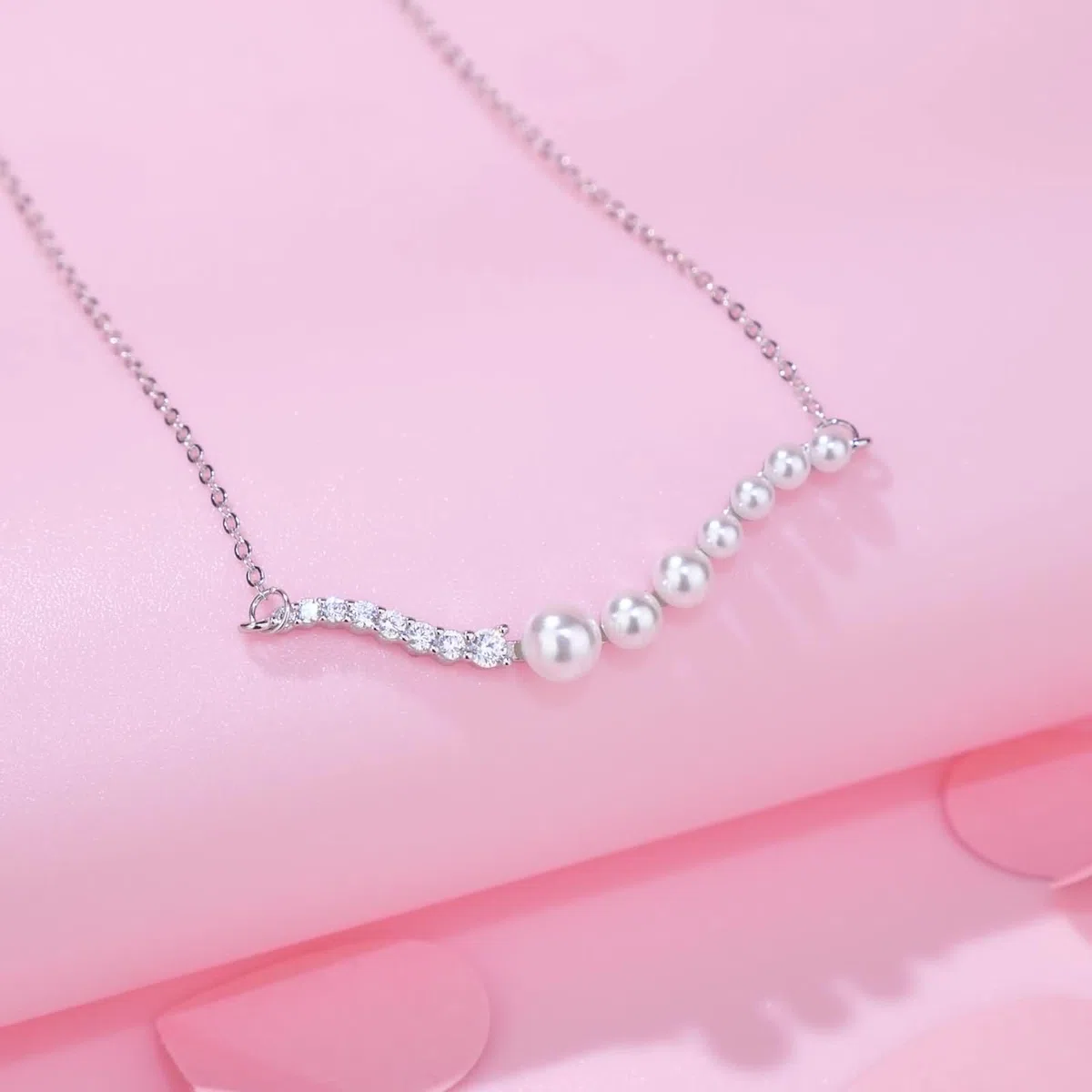 Collar de Oro Blanco 9K / 14K / 18K para Mujer, Líneas Irregulares y Perlas con Moissanita, Collar Colgante Cadena de Plata Mujer