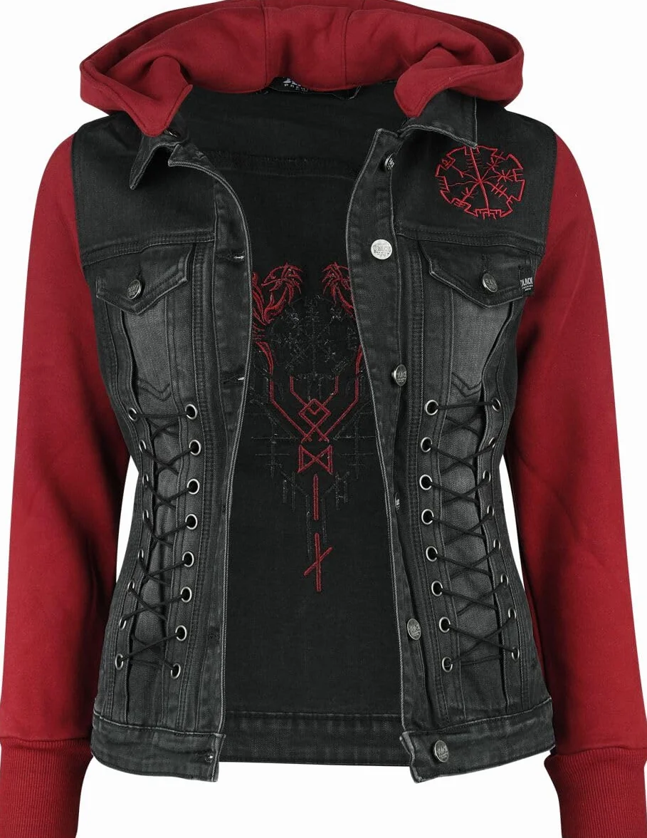 Chaqueta vaquera negra y roja con capucha desmontable Black Premium by EMP Mujer