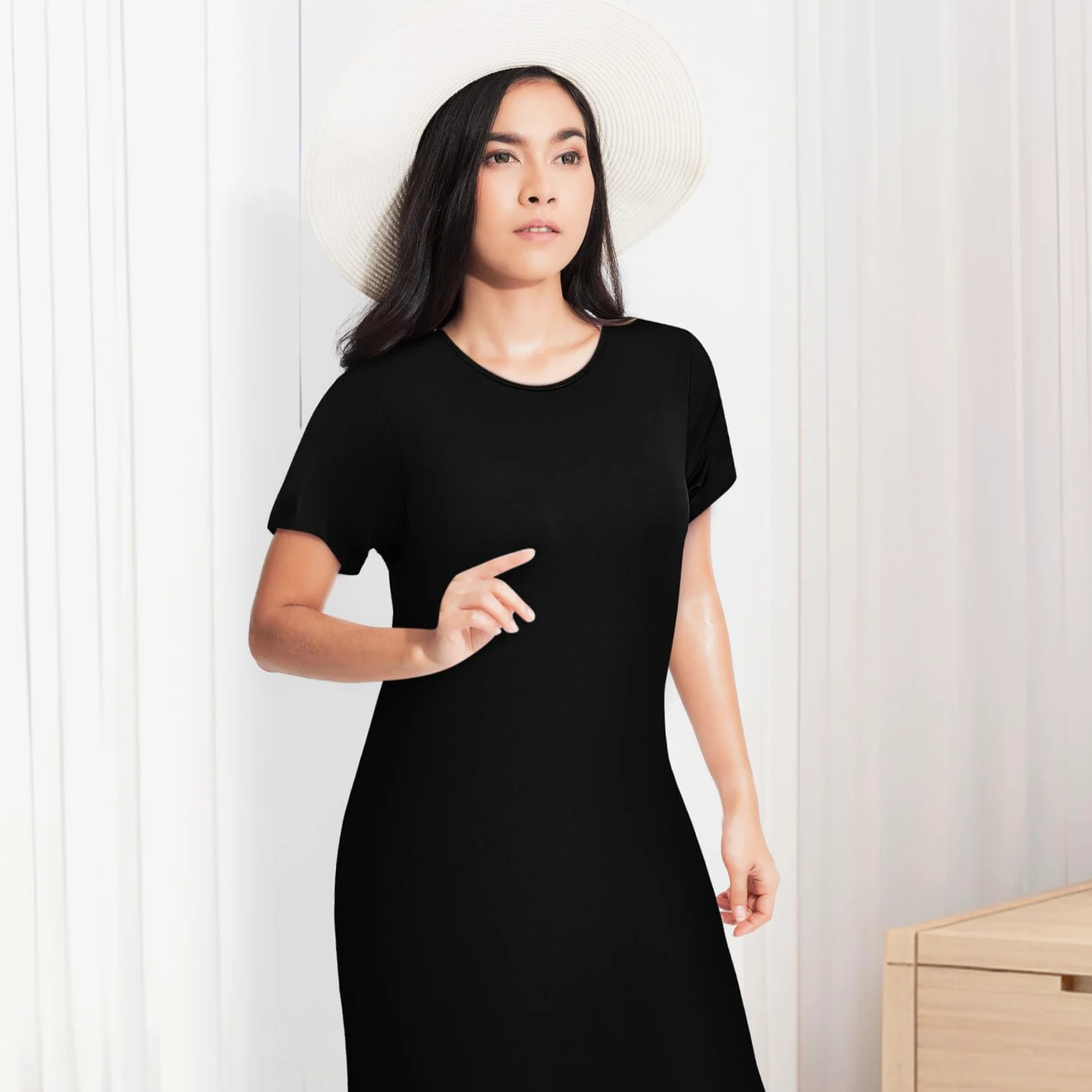 Garneck Camisón de Mujer de Manga Corta, Cuello Redondo, Holgado | Fibra Sintética Transpirable, Negro, Cómodo para Casa y Descanso, Talla Grande