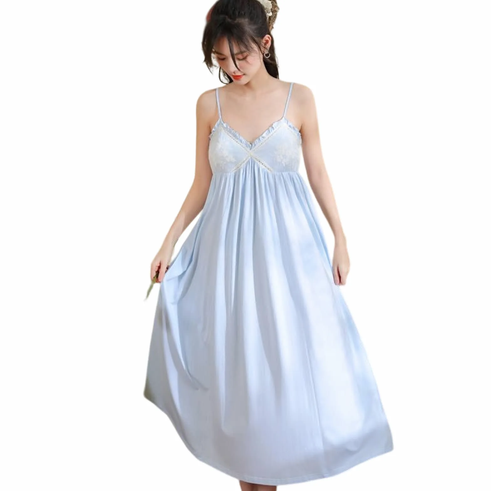 OFFSUM Camisón Clásico De Princesa Sin Mangas con Tirantes De Color Sólido Camisón De Verano De Algodón con Encaje Sexy Almohadilla para El Pecho Ropa De Dormir