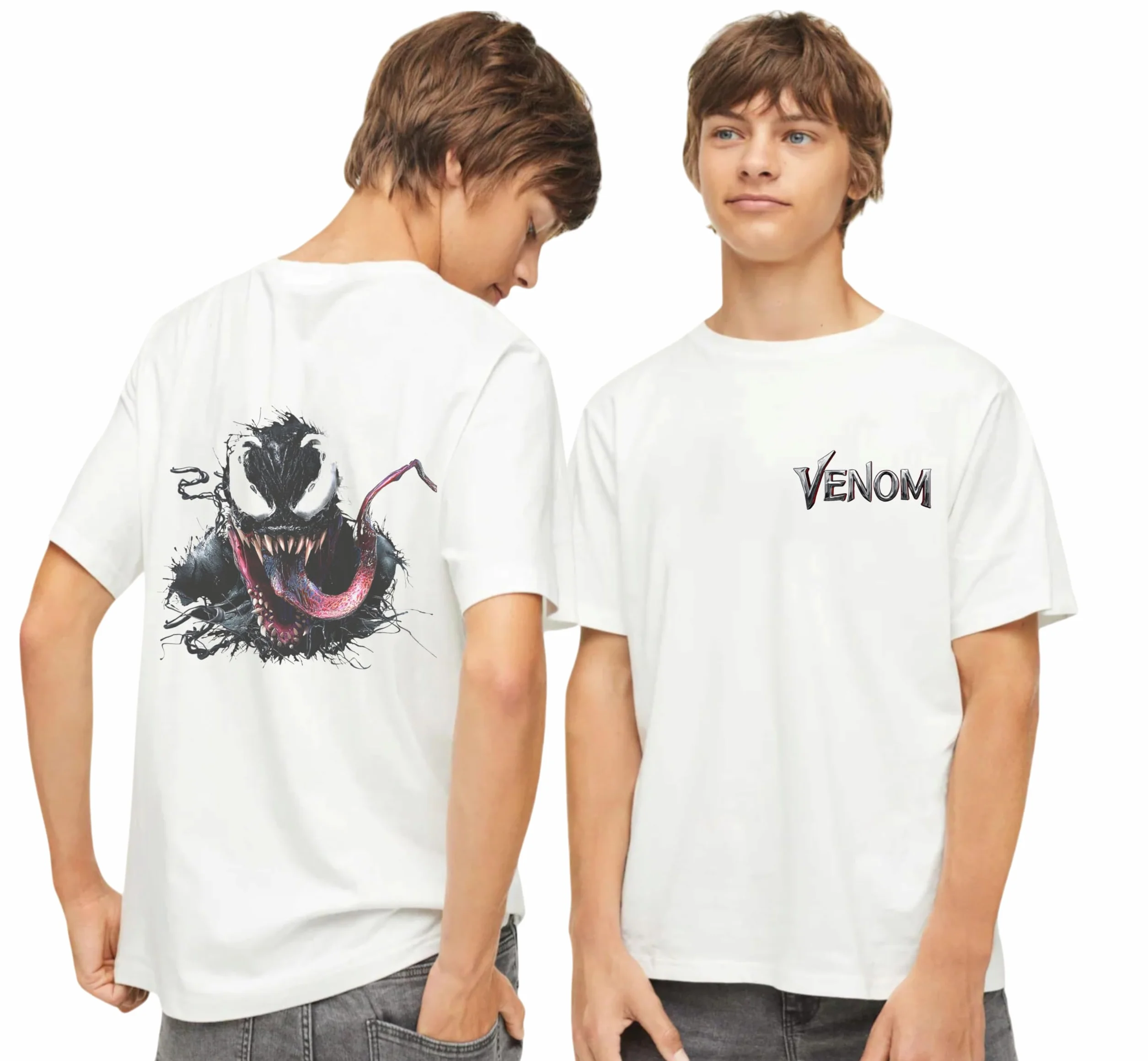 Uniplanet Store Camiseta de mezcla de algodón blanco para niños, cuello redondo, media manga, ajuste regular con estampado Venom Anime en la espalda, elegante camiseta casual para jóvenes fanáticos