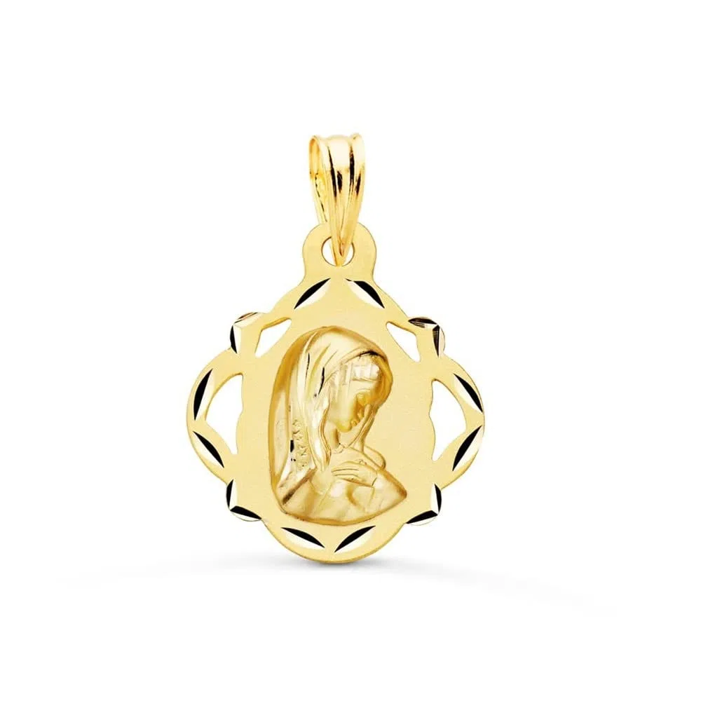 Virgen Niña medalla oro 18k Primera Comunión 19mm. detalles calados tallados