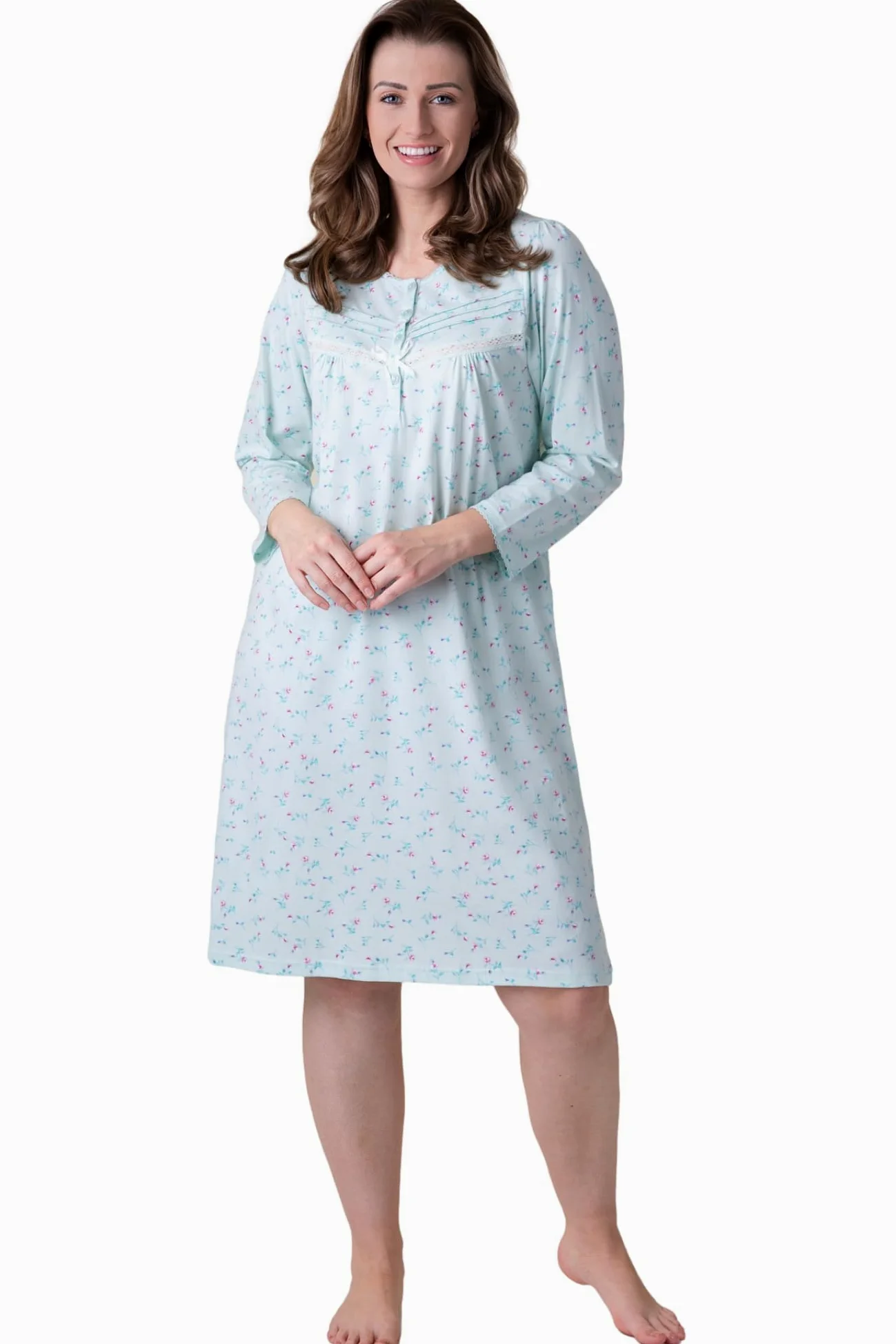 Camille Camisón de Manga Larga para Mujer, diseño Floral, clásico, Suave, camisón de Jersey con Cierre de botón de Cuello Redondo