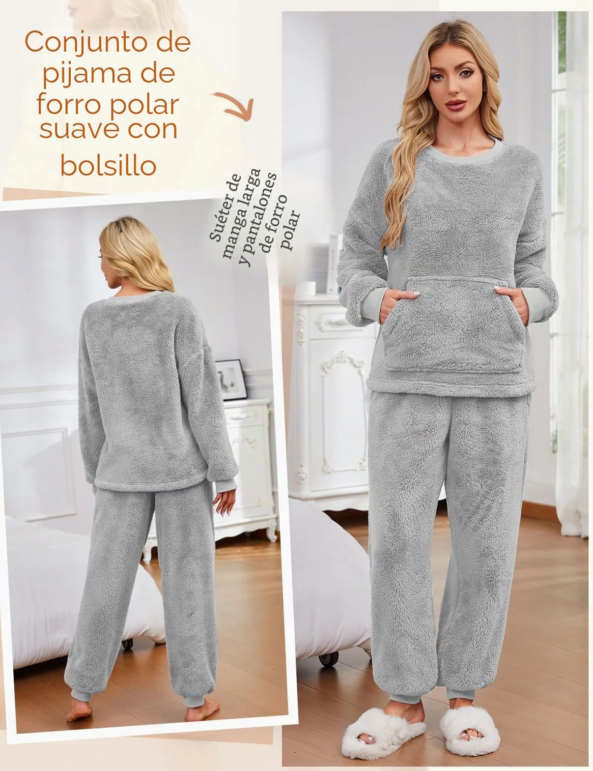 UMIPUBO Pijama Mujer Invierno de Forro Polar Conjunto Super Suave Cálida Largos Pijamas Dos Piezas Dormir Ropa Manga Larga Casa Calentito Pullover y Fleece Pantalones con Bolsillo