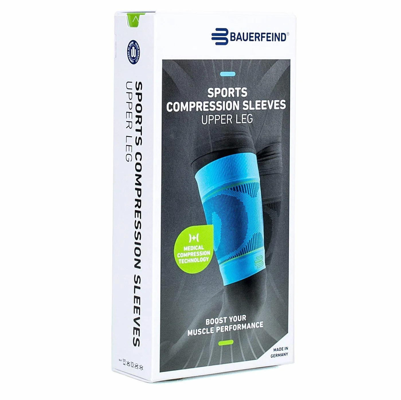 Bauerfeind, 1x Vendas de compresión de deporte para las piernas, Unisex, Adecuadas para ambas piernas, Para deportes de pelota o de resistencia, Fortalecimiento de los músculos, Talla M largo, Turquesa, 29345723800032