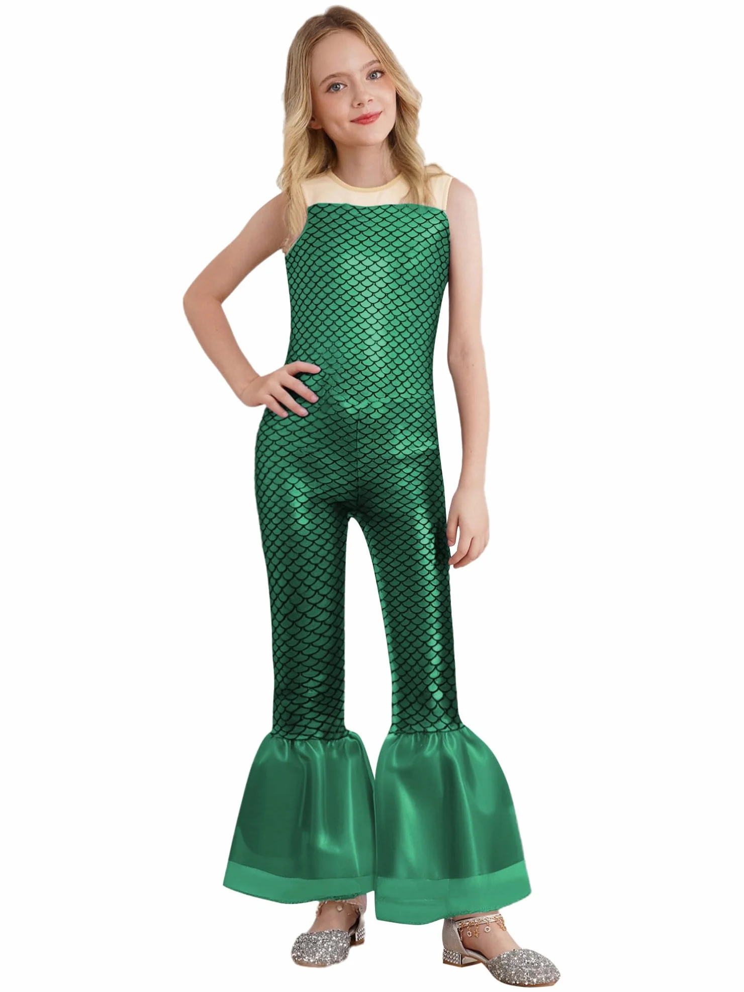 TiaoBug Mono De Sirena Sin Mangas Para Niña Con Estampado De Escamas De Pez Traje De Cuerpo Entero Con Pantalones Acampanados Jumpsuit Danza