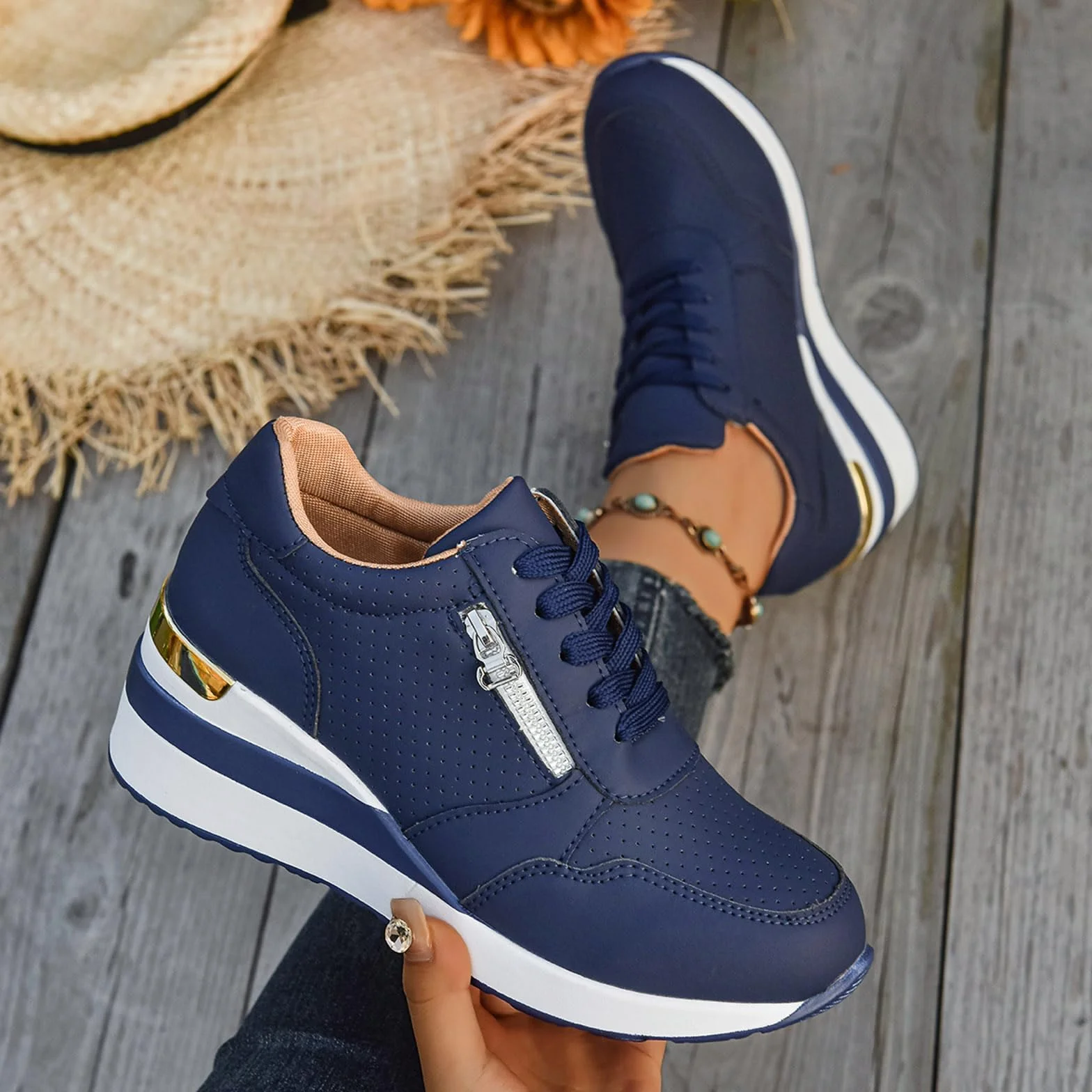 Zapatillas Mujer Cuña Plataforma Zapatos Casual con Cremallera Transpirable Cordones Zapatillas de running Zapatillas de deporte Mujer Zapatos de Plataforma Cómodos