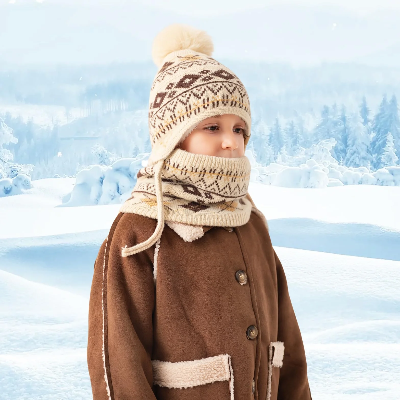 Juego de 3 piezas de invierno para niños con forro polar y gorra, polaina para el cuello, guantes para 3-8 años con pompón, cálidos, pantalla táctil, nieve, escuela, uso al aire libre