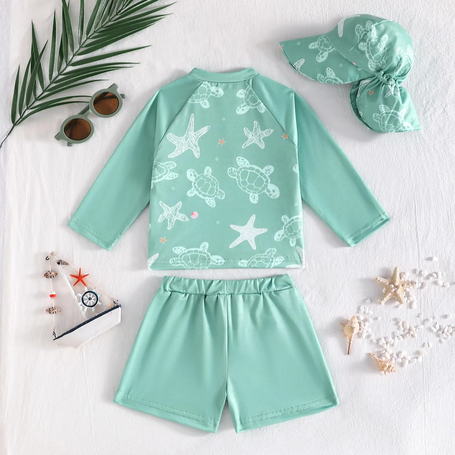 Conjunto de baño de dos piezas para niños pequeños Gorro Camiseta manga larga y Pantalones cortos Playa Piscina