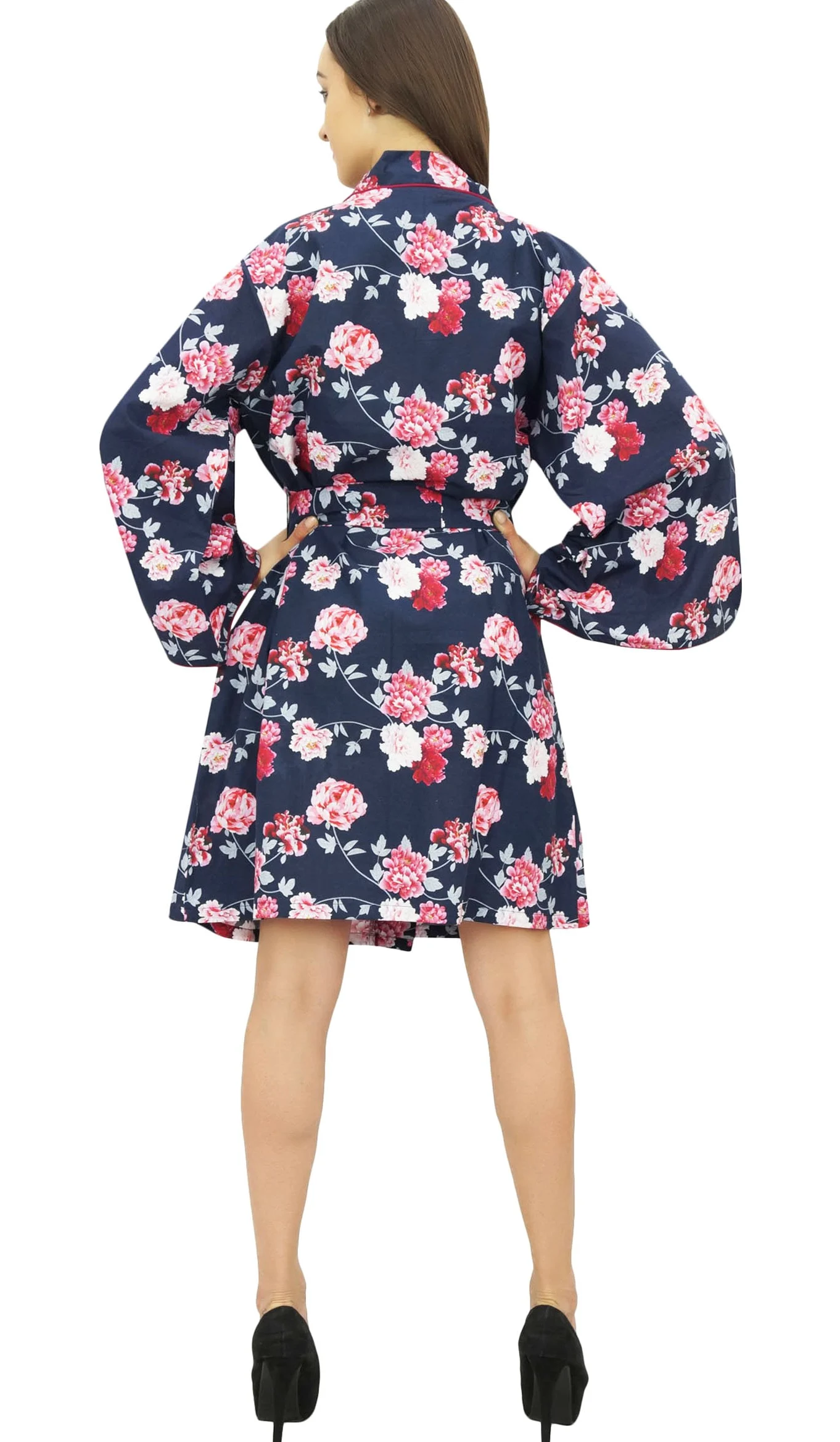 Bimba Mujeres Estampado De Flores De Algodon Popelin Kimono Coverup túnica con Belt - 36