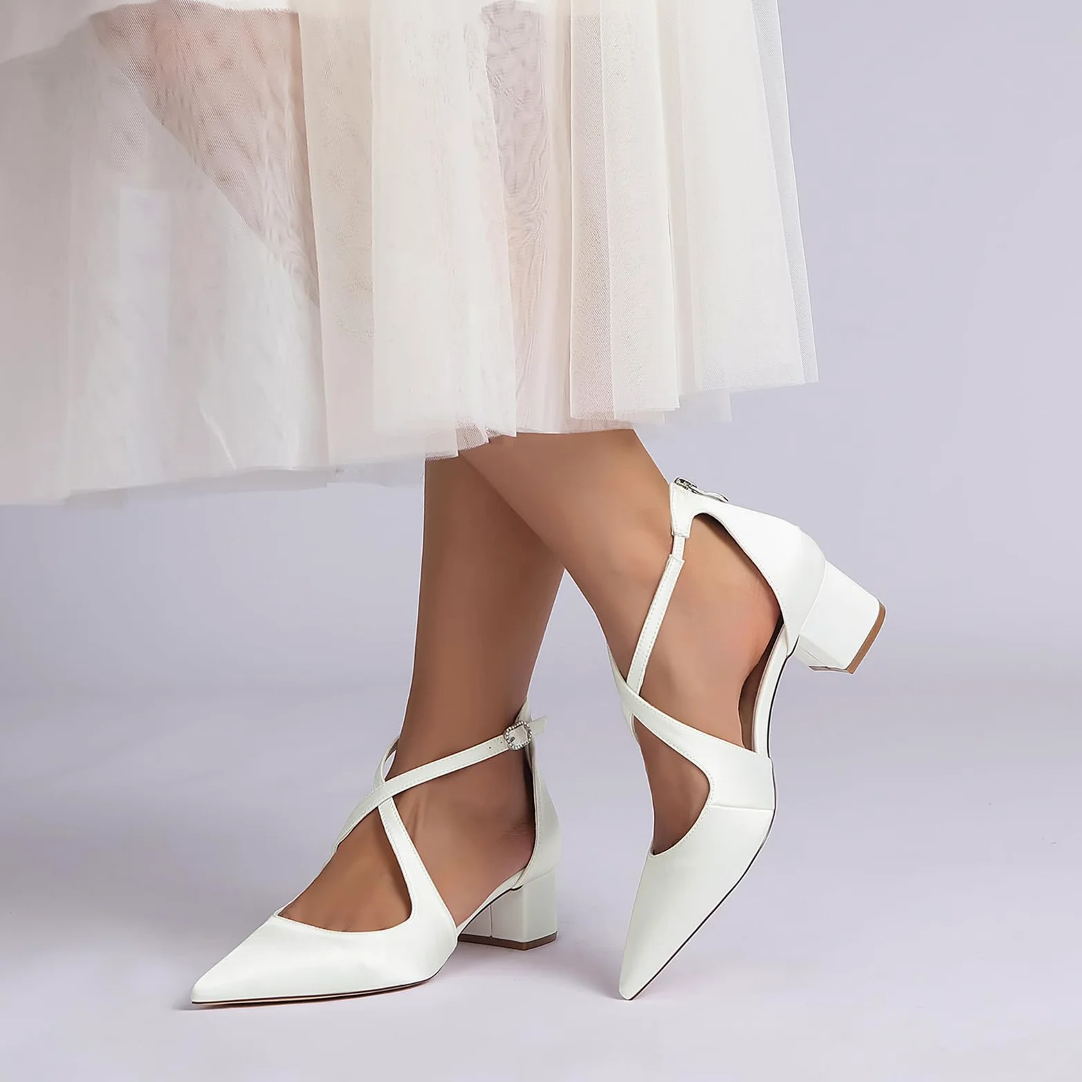 Mujer Tacón Ancho Bajo Satén Zapatos De Boda Punta Cerrada Zapatos De Novia Fiesta Correa Cruzada Zapatos de la Corte