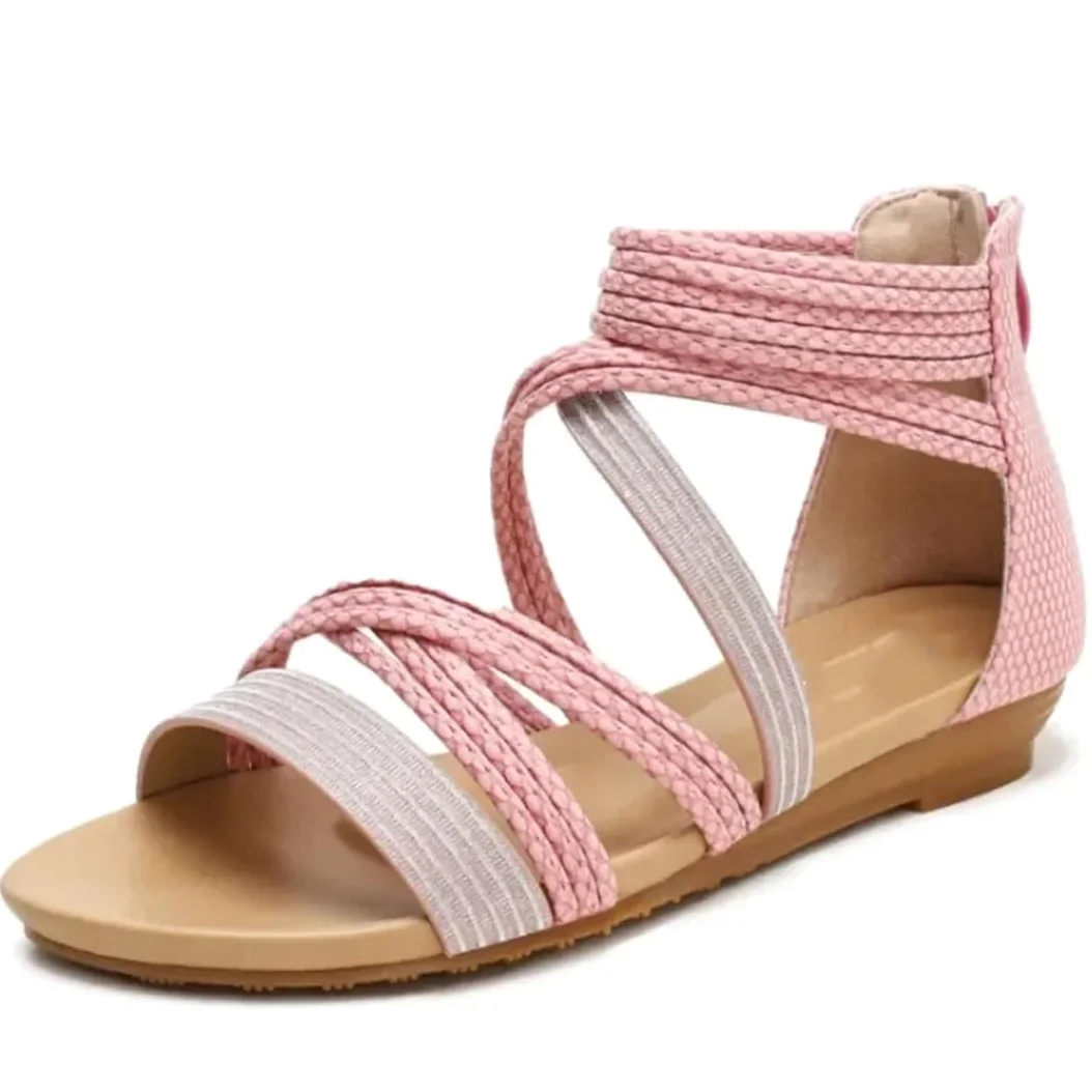 Sandalias de gladiador con cremallera en la espalda y tacón de cuña para mujer, con parte superior de poliuretano, estilo bohemio, para verano