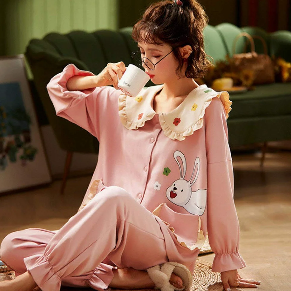 Conjunto De Pijamas De Mujer,Juego De Pijamas De Conejito De Dibujos Animados De 2 Piezas Con Botones De Algodón Pjs Top & Bottoms Ropa De Dormir De Manga Larga Para Mujer Con Bolsillos Ropa De Dorm