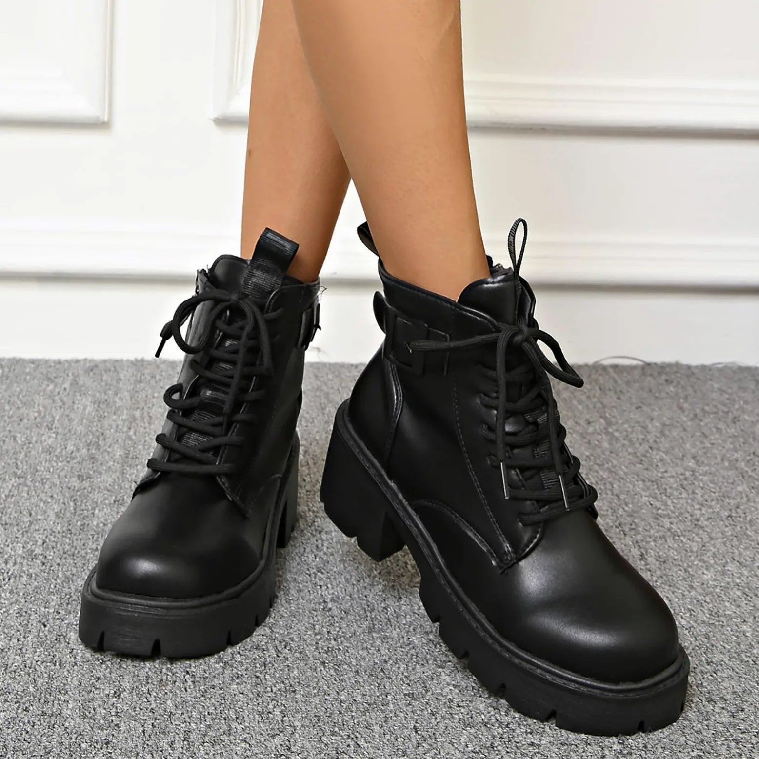 Genérico Botines Mujer Vestir Cordones Plataforma Botas Punta Redonda Elegantes Zapatos Suaves y Cómodos Caminar Bota Informales Antideslizantes Botin para Otoño Invierno Trabajo Paseo y Uso Diario