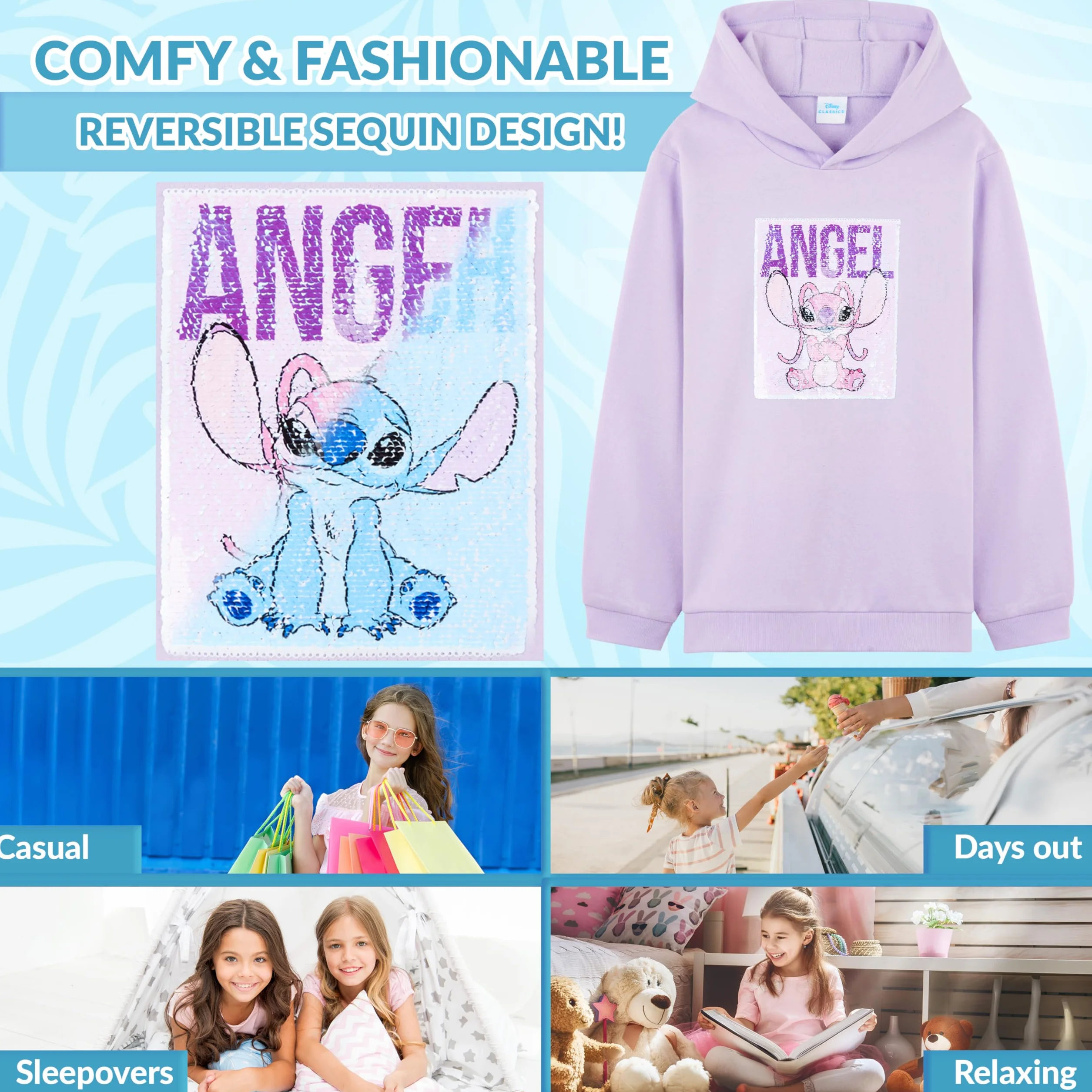 Disney Stitch Sudadera con Capucha Reversible de Lentejuelas, Moda Cálida Ropa para Niña y Adolescente