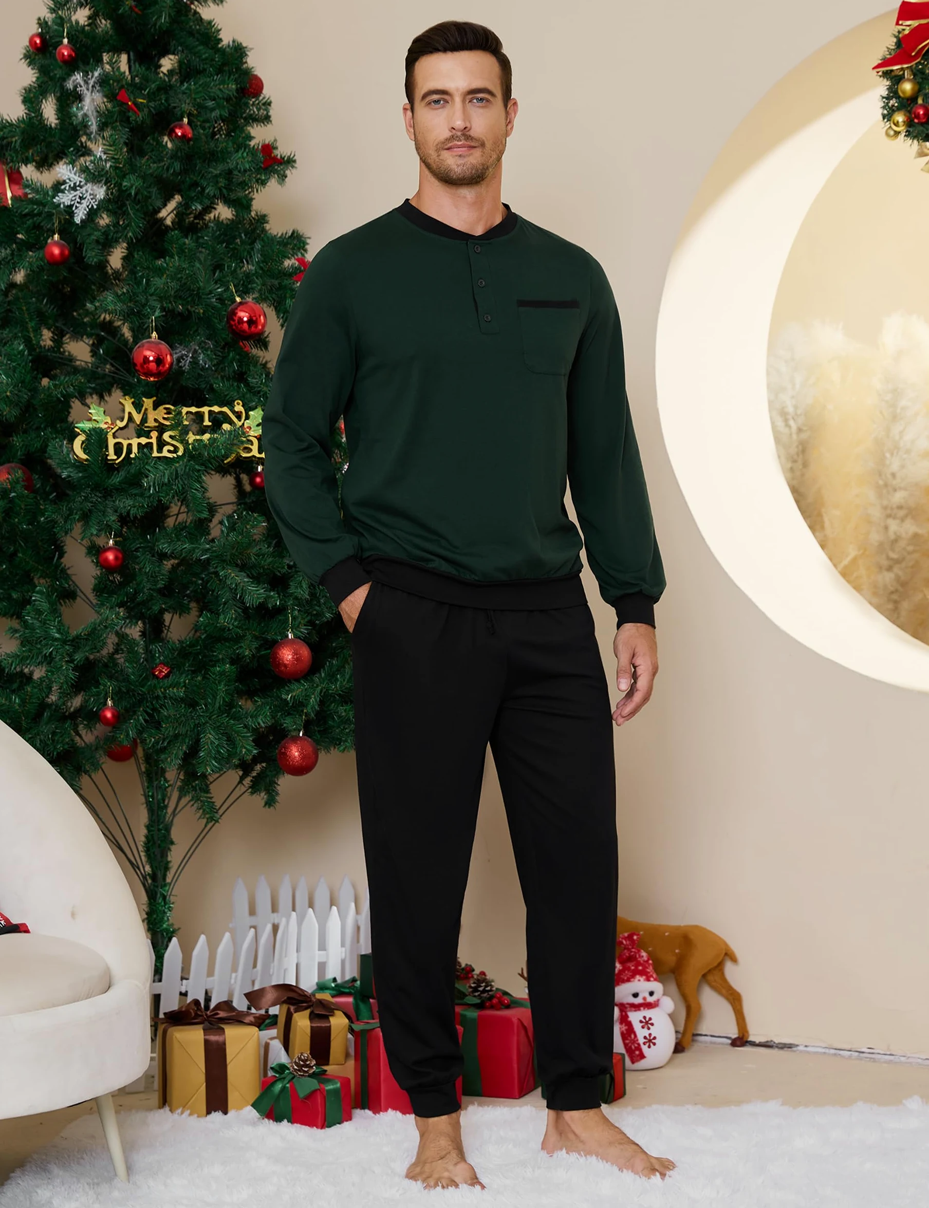 Bresdk Pijama Hombre Invierno Algodón Ropa de Dormir Camiseta de Manga Larga Largo Pantalón Pijama para Hombre S-3XL