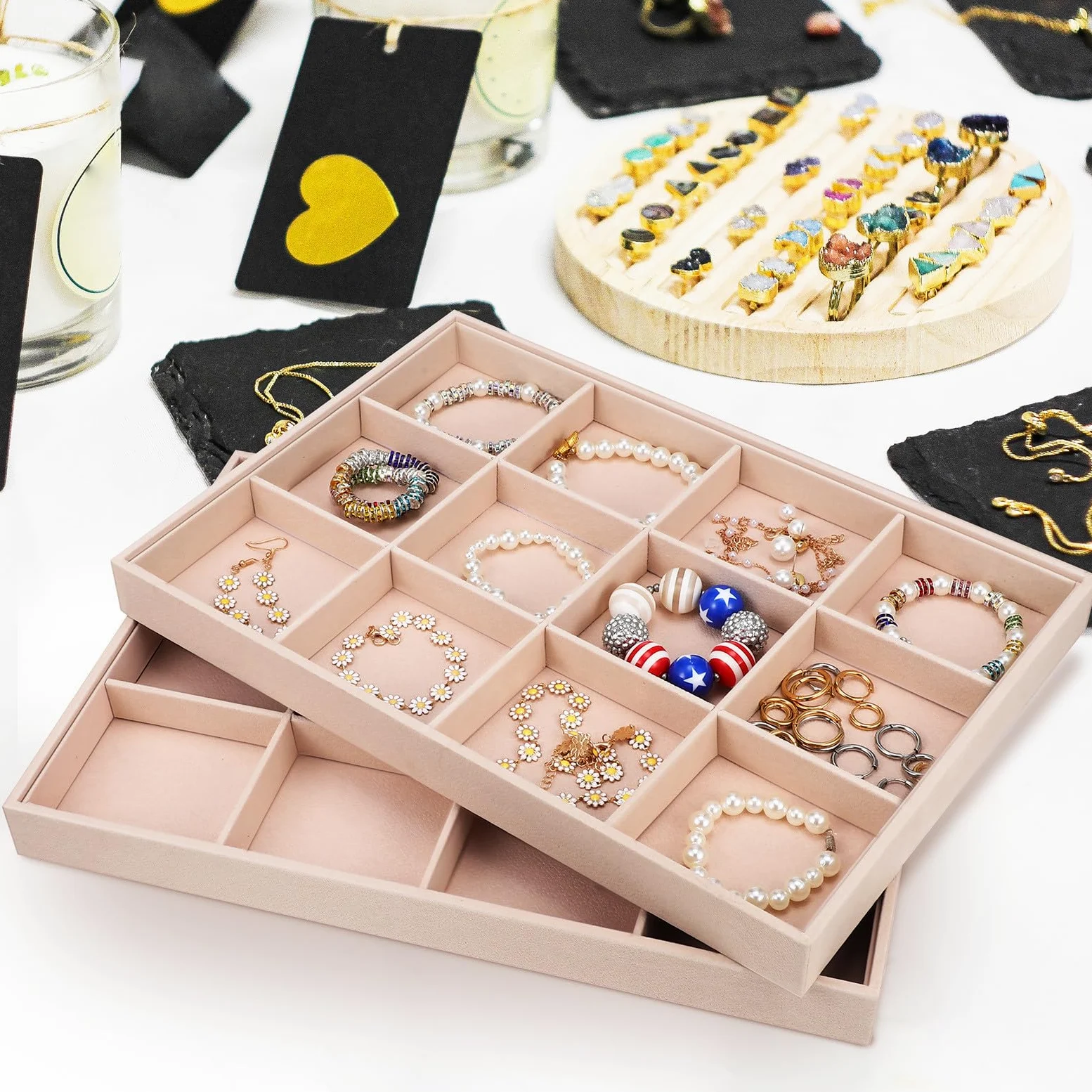 Bandejas para Joyas de Terciopelo 2 Unidades Organizador 12 Compartimentos Ajustables Bandeja para Exhibición y Almacenamiento de Anillos Collares y Pulseras Uso Doméstico y