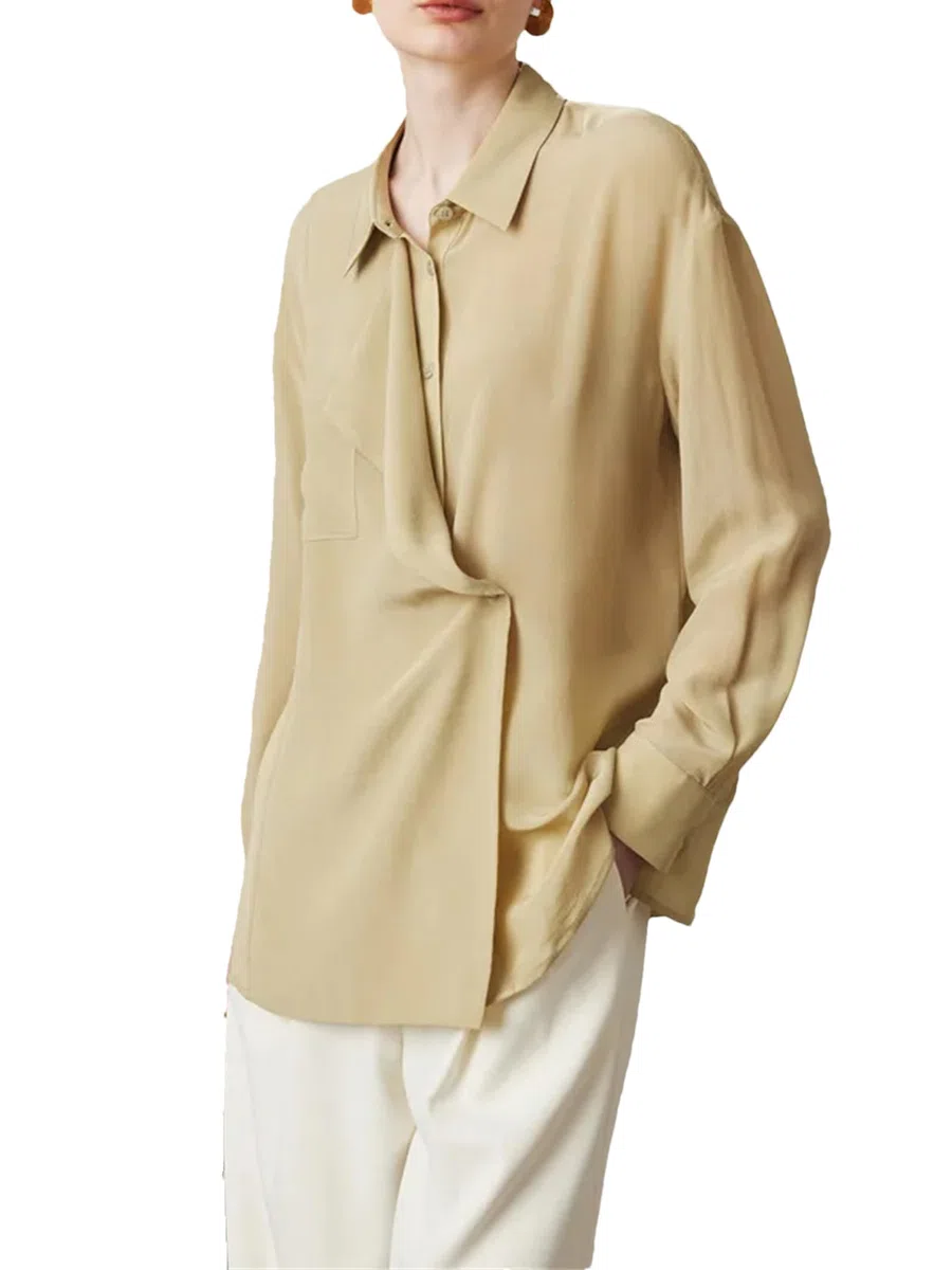 Blusa de seda lisa para mujer, cuello abatible, elegante, informal, con botones, de seda