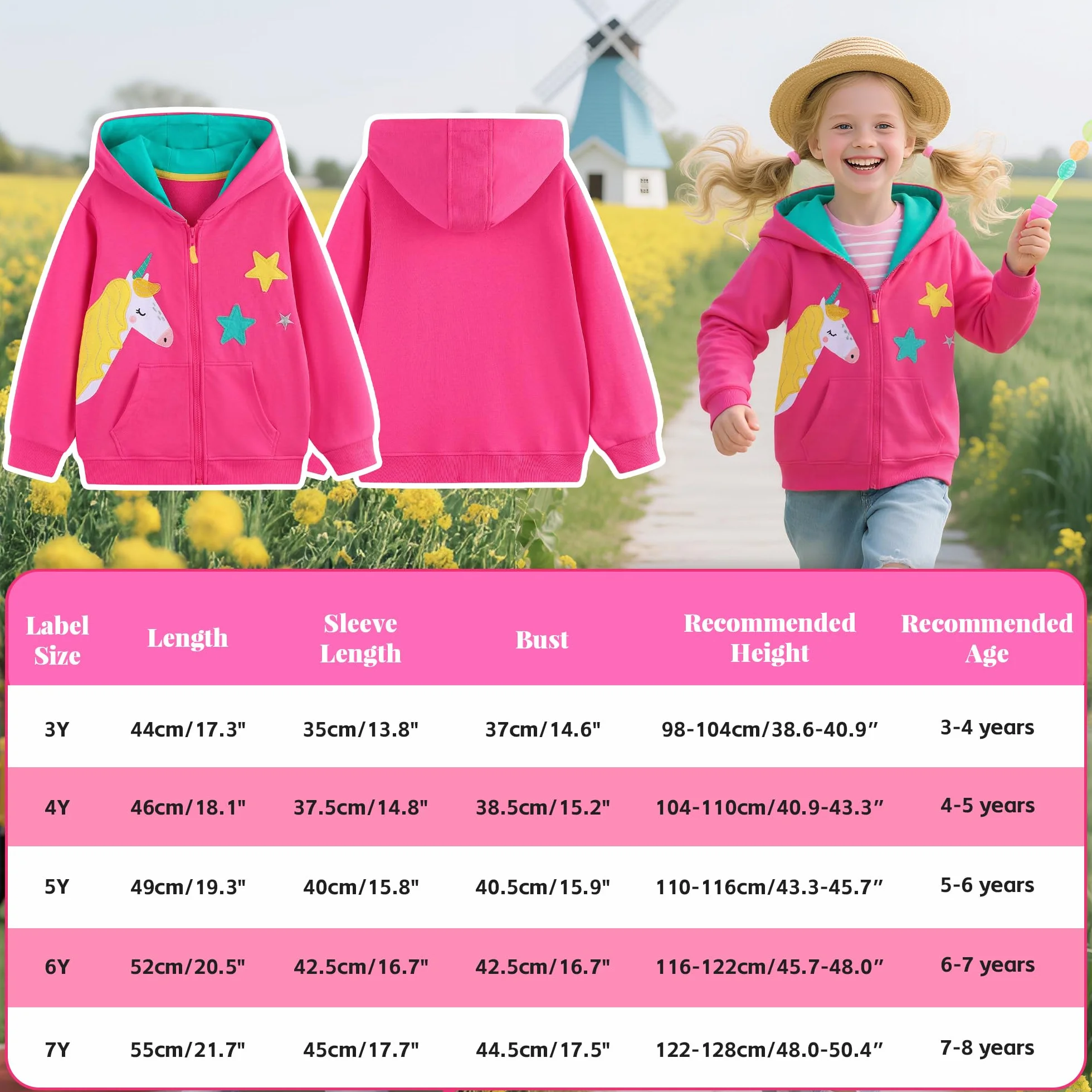 Sudadera con Capucha y Cremallera Niñas Algodón Mangas Largas Casual Chaqueta Moda Lindo Animal Hoodie Tops con Bolsillos Ropa para Niña de 3 a 8 Años