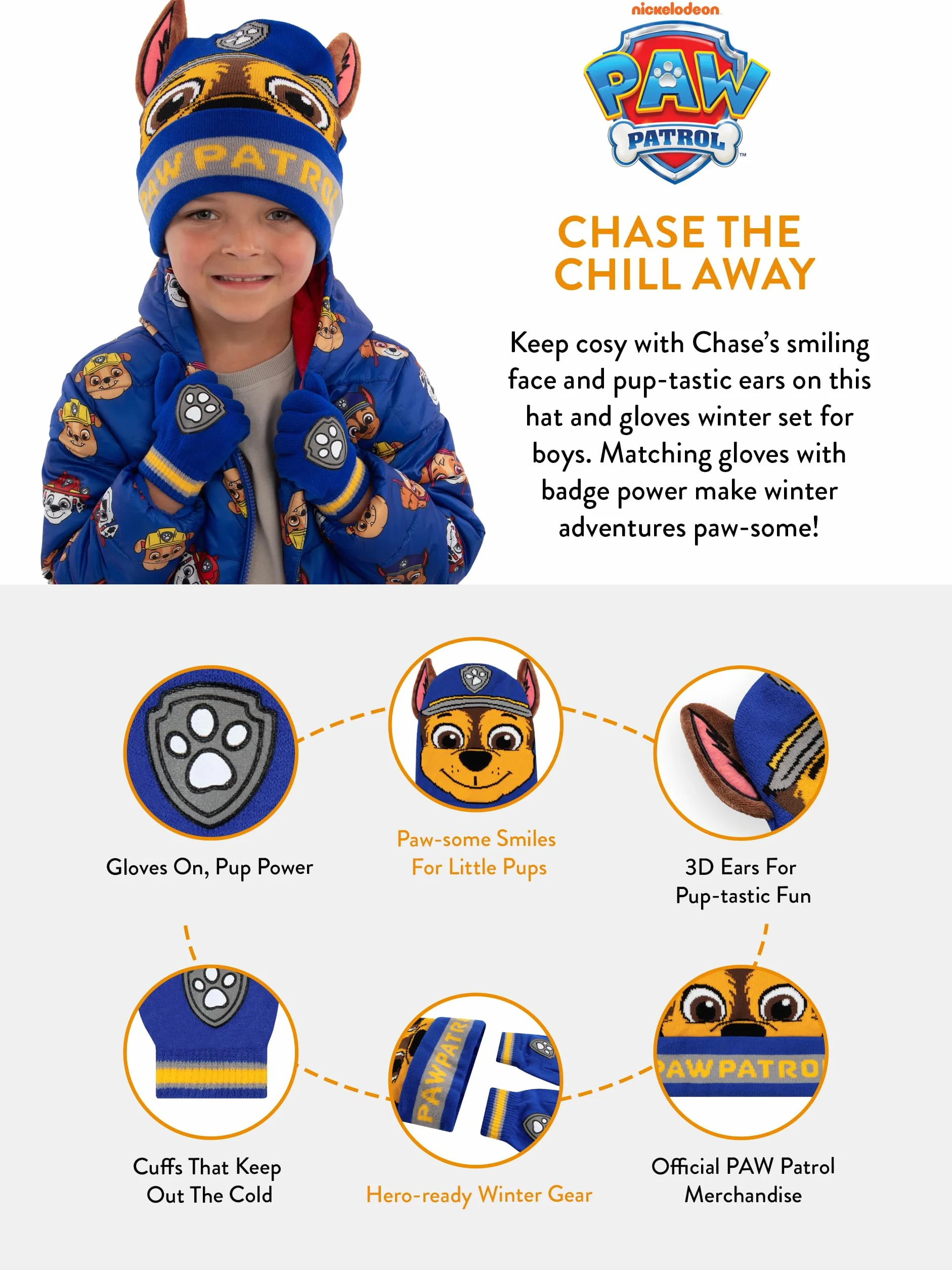 Paw Patrol Conjunto De Gorro Y Guantes Para Niños, Conjunto De Gorro Y Guantes Chase Con Orejas 3D, Azul, Talla Única