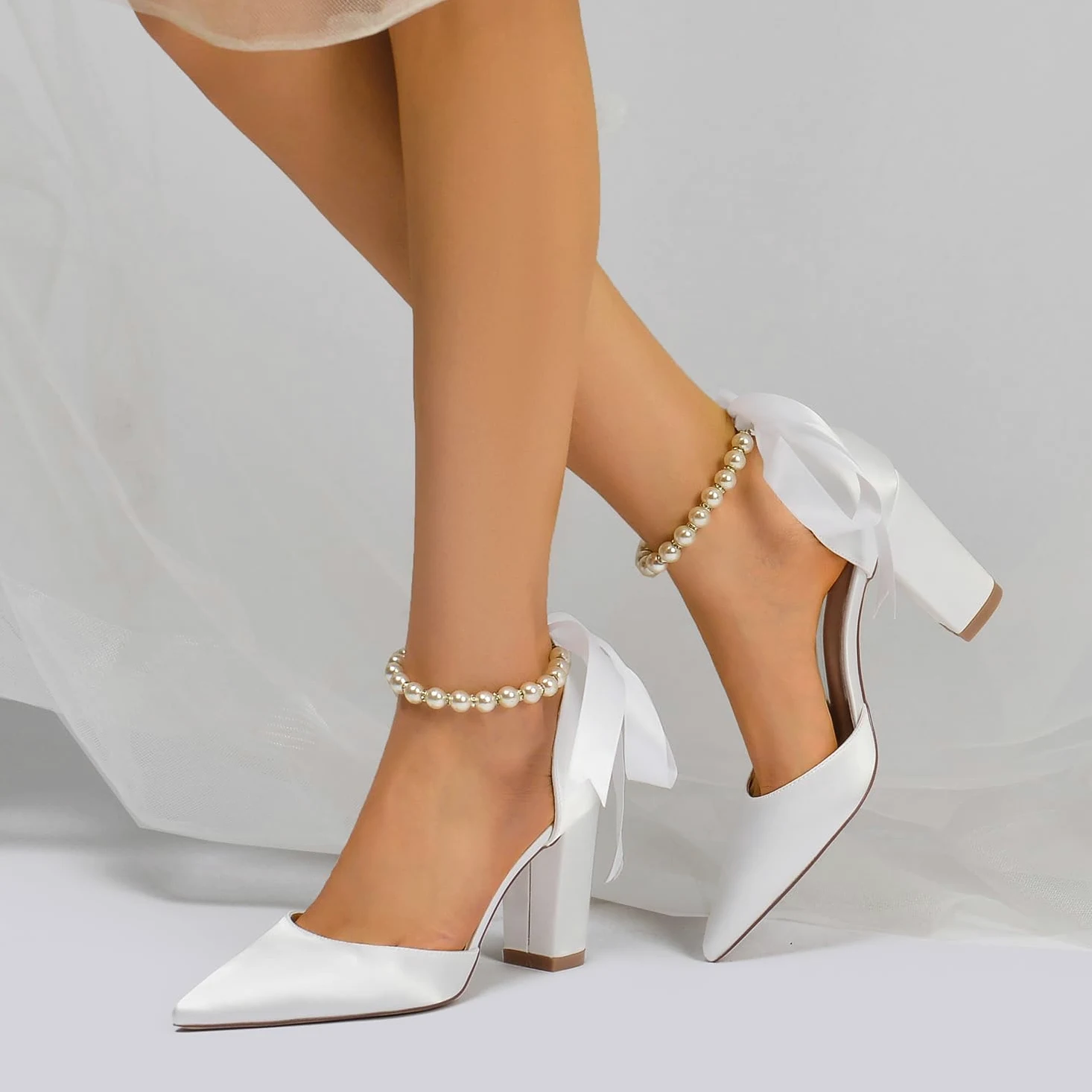 Zapatos tacón Alto para Novia, para Boda, para Mujer,Elegantes, con Punta Puntiaguda, Lazo satén, Perla,para Fiesta graduación,cómodas Sandalias de Baile con tacón Grueso