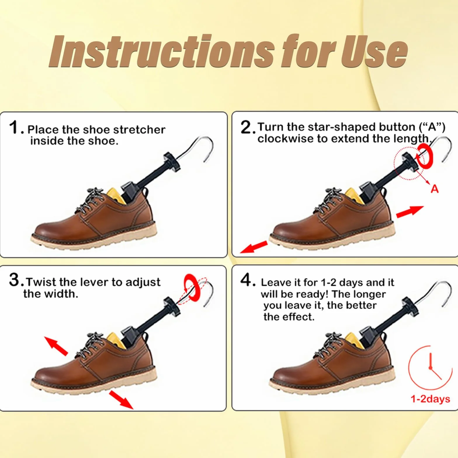 Estirador de zapatos de pies anchos, árboles de zapatos para hombres y mujeres, expansor de zapatos ajustable de 4 vías (para tallas de hombre 6.5-10 de EE. UU.), Amarillo, Man M (suitable