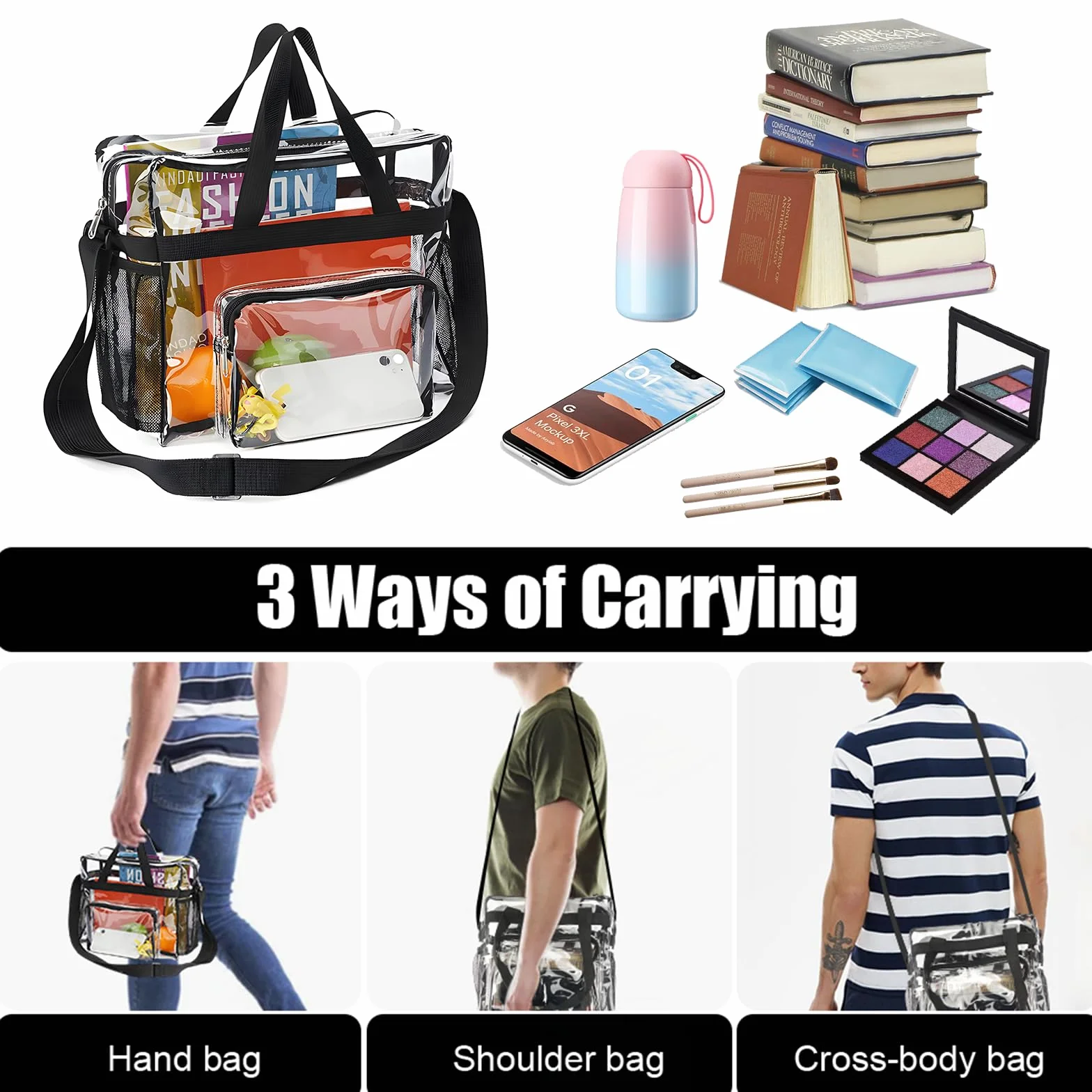 Bolso Transparente Mujer, PVC Bolso Bolsa Viaje Accesorios | Impermeable Bolsas Transparentes para Estadios con Bolsillos para El Trabajo, Juegos Deportivos y Conciertos