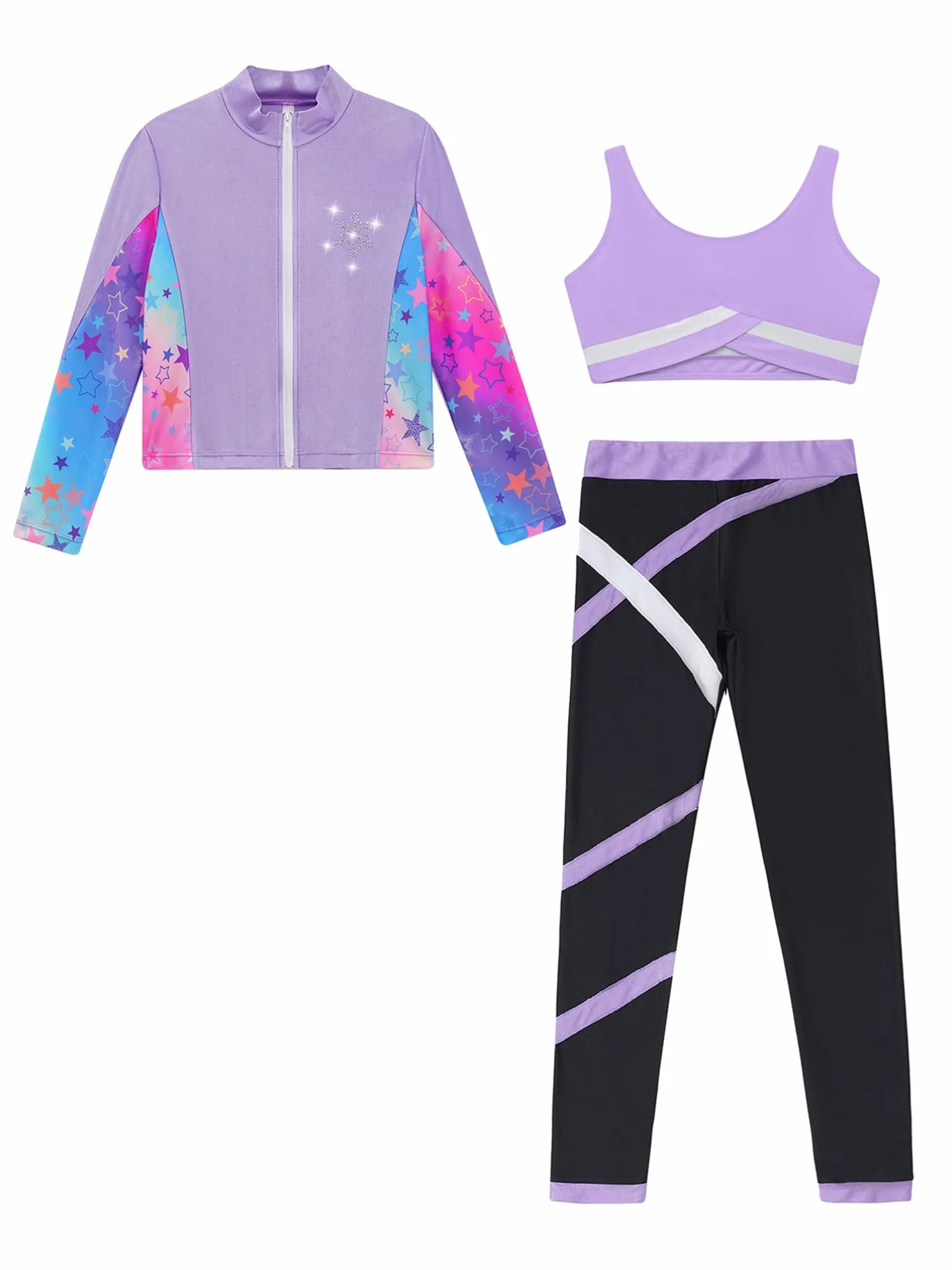 TiaoBug Conjunto Deportivo Para Niñas Chaqueta Manga Larga + Chaleco Sin Mangas + Leggings Traje De Gimnasia Rítmica Entrenamiento Púrpura claro 11-12 años