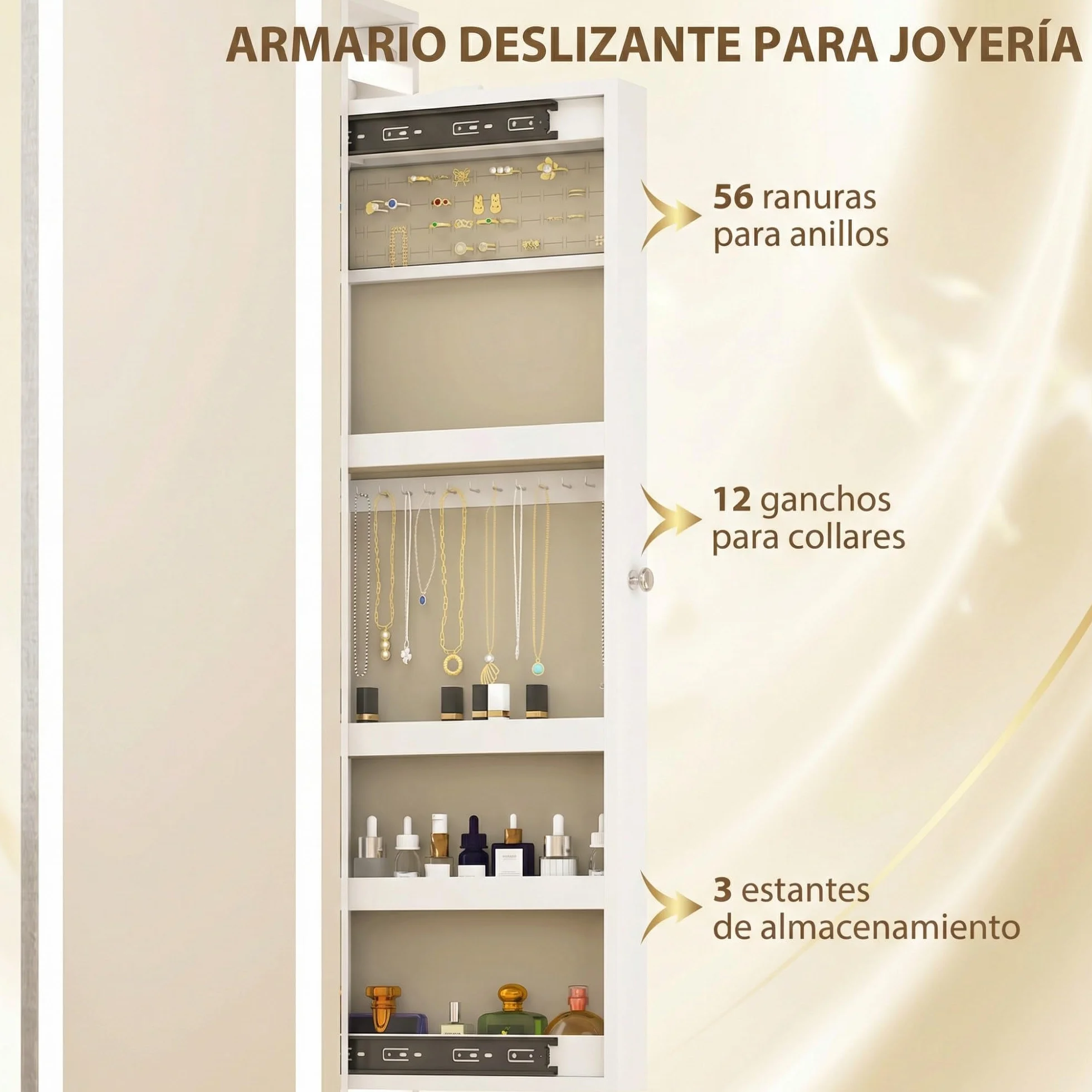 HOMCOM Espejo Joyero con Luces LED, Armario Joyero con Espejo de Cuerpo Entero sin Marco, Armario para Joyas Giratorio 360° con Estantes Abiertos, Perchero y Barras para Colgar, Blanco y Forro Beige