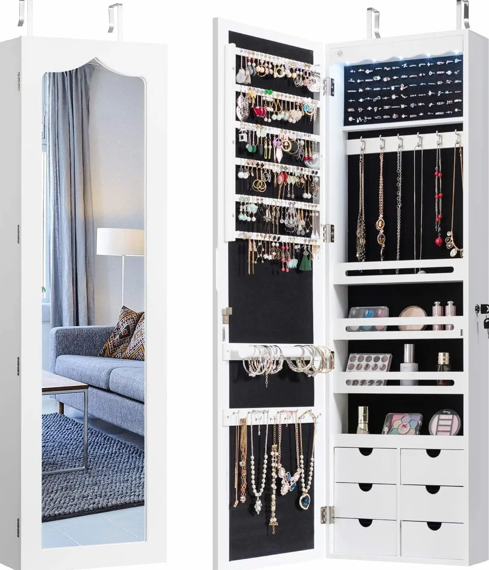GIANTEX Armario de Joyas con Espejo de Cuerpo Entero, Armario Joyero con Cerradura y 5 LED, Montado en la Pared o en la Puerta, 36,5x11,5x120cm, para Pendientes, Anillos, Collares y Pulseras, Blanco