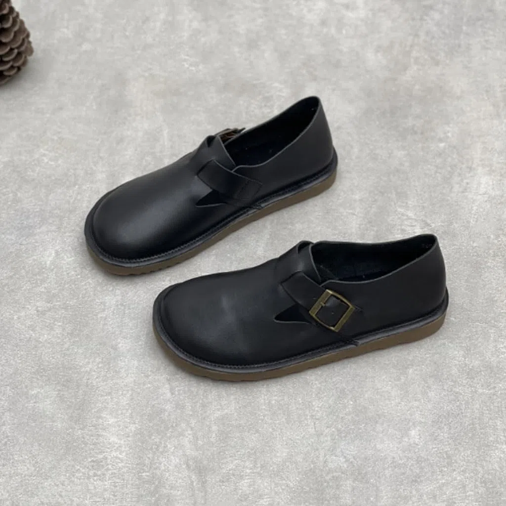 Zapatillas Mujer Planos Piel Auténtica Hebilla Punta Estilo Vintage