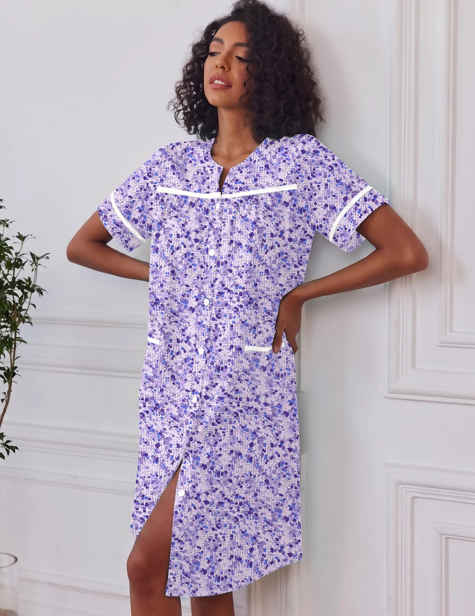 Ekouaer Camisones para mujer, vestido de casa con bolsillos, con botones, abrigo de casa, de manga corta, vestidos de noche, plumero, Moo Moos